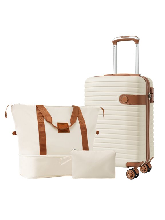 3 Piece Luggage Sets,20" Inch Carry on Suitcase with Spinner Wheels TSA Lock, ABS Lightweight Hardside Suitcase Set with Expandable Travel Bagfor Men Women,Airline Approved,Cream