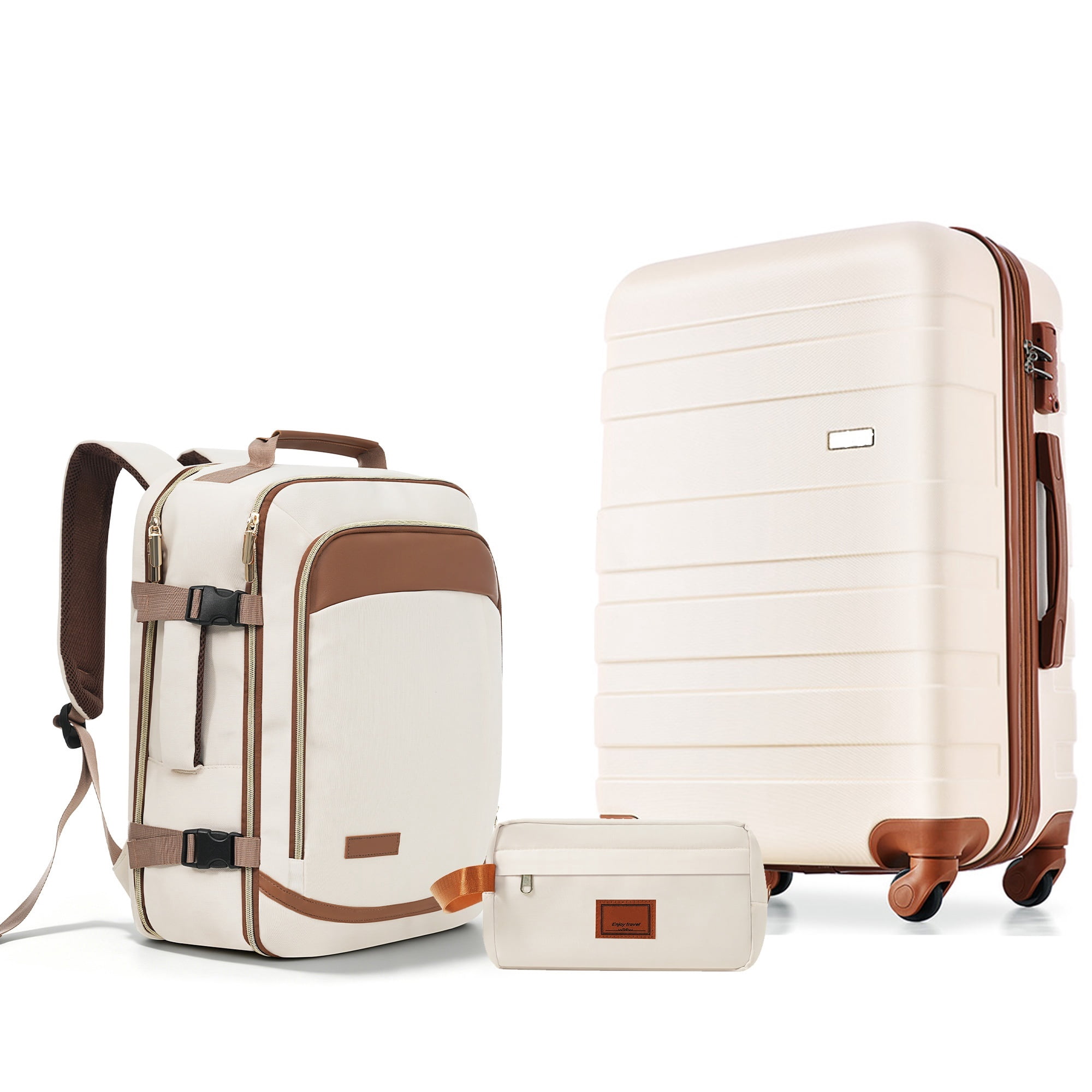 Euroco 3 Piece Luggage Sets, 24" Checked Luggage with TSA Lock & Spinner Wheels, Hardshell Lightweight Suitcase Set with Travel Bags for Men Women,Ivory