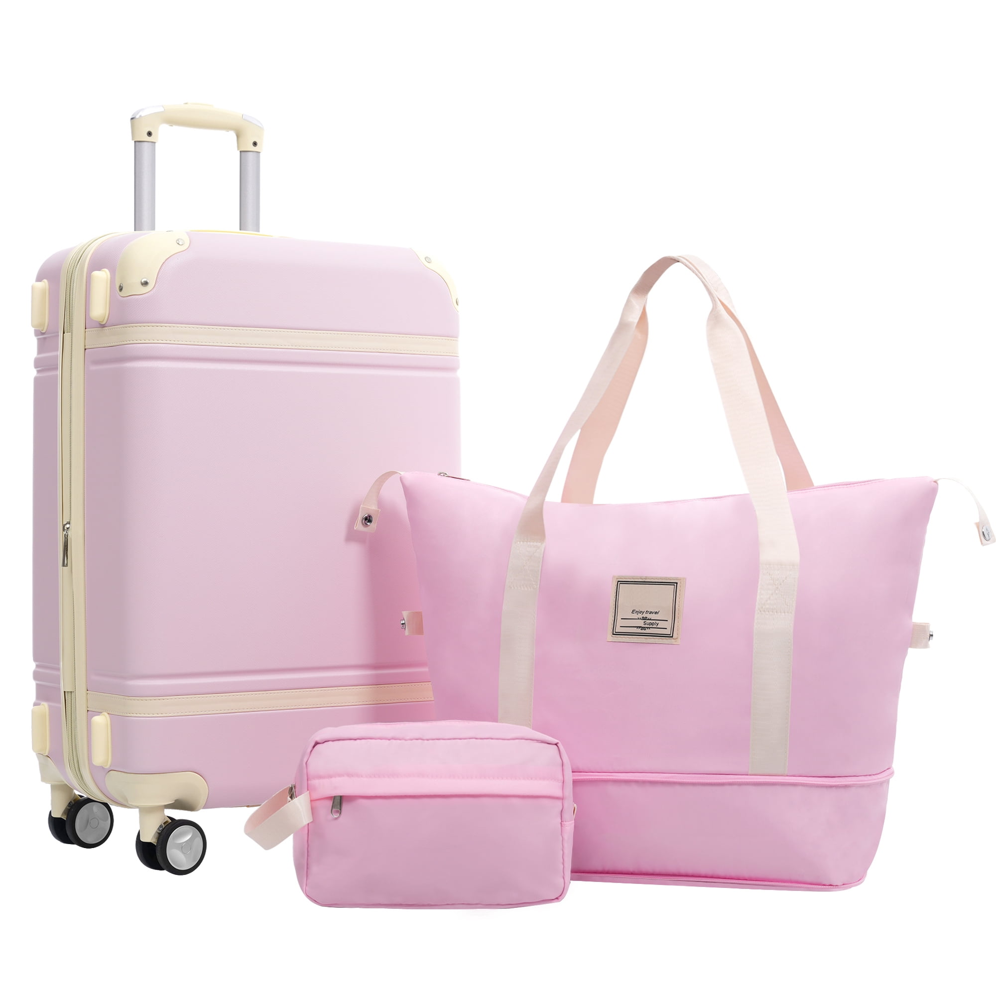 Euroco 3-Piece Luggage Sets, 24" Medium Checked Luggage with TSA Lock,Spinner Wheels & 2 Bags,ABS Hardside Lightweight Suitcase Set for Men Women,Light Pink