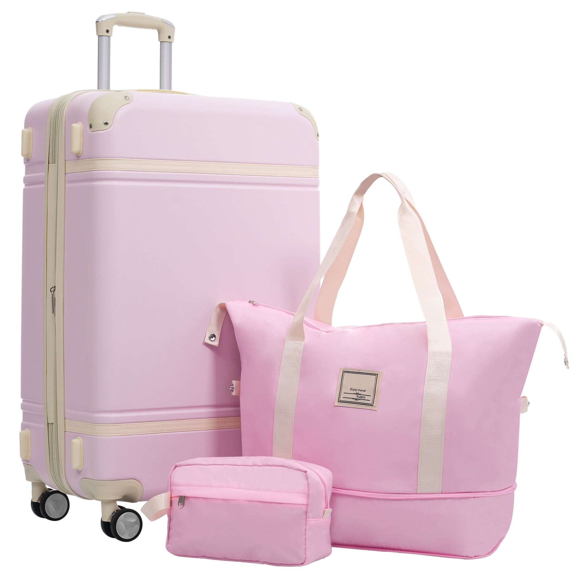 Euroco 3-Piece Luggage Sets, 28" Hardside Checked Luggage with 2 Bags,TSA Lock and Spinner Wheels,Vintage Large Lightweight Suitcase for Travel,Light Pink