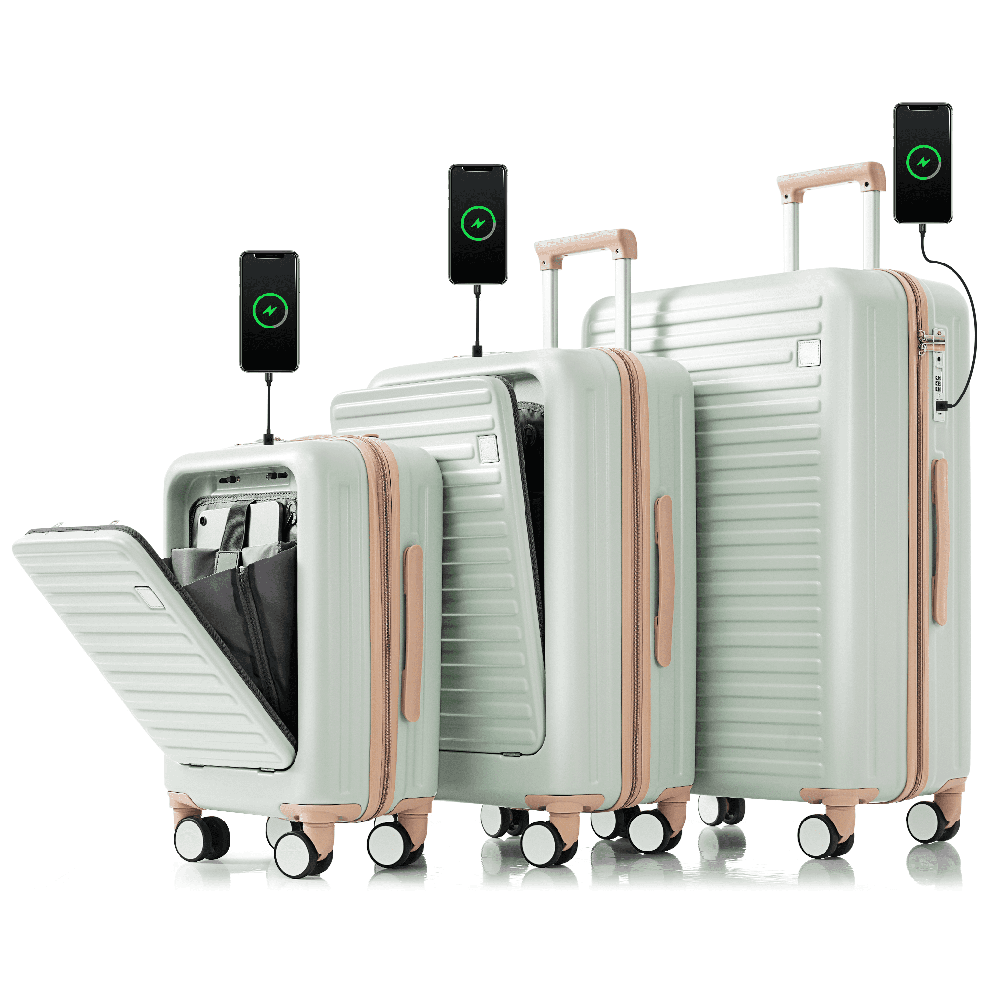 Euroco 3 Piece Luggage Sets Front Opening, ABS Hardshell Suitcase with USB Port,TSA Lock and Spinner Wheels,Lightweight Carry on Luggage with Cup Holder(20"/24"/28"),Grey Green - Walmart.com
