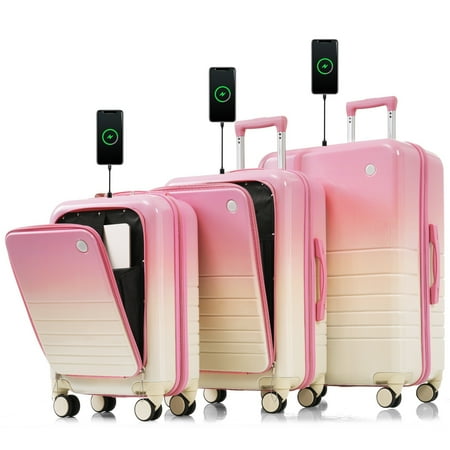 Euroco 3 Piece Luggage Sets, Hardshell Suitcase Set with Front-Opening,USB Port ,Cup Holder and Spinner Wheels,Lightweight Travel Luggage Set(20"/24"/28"),Pink