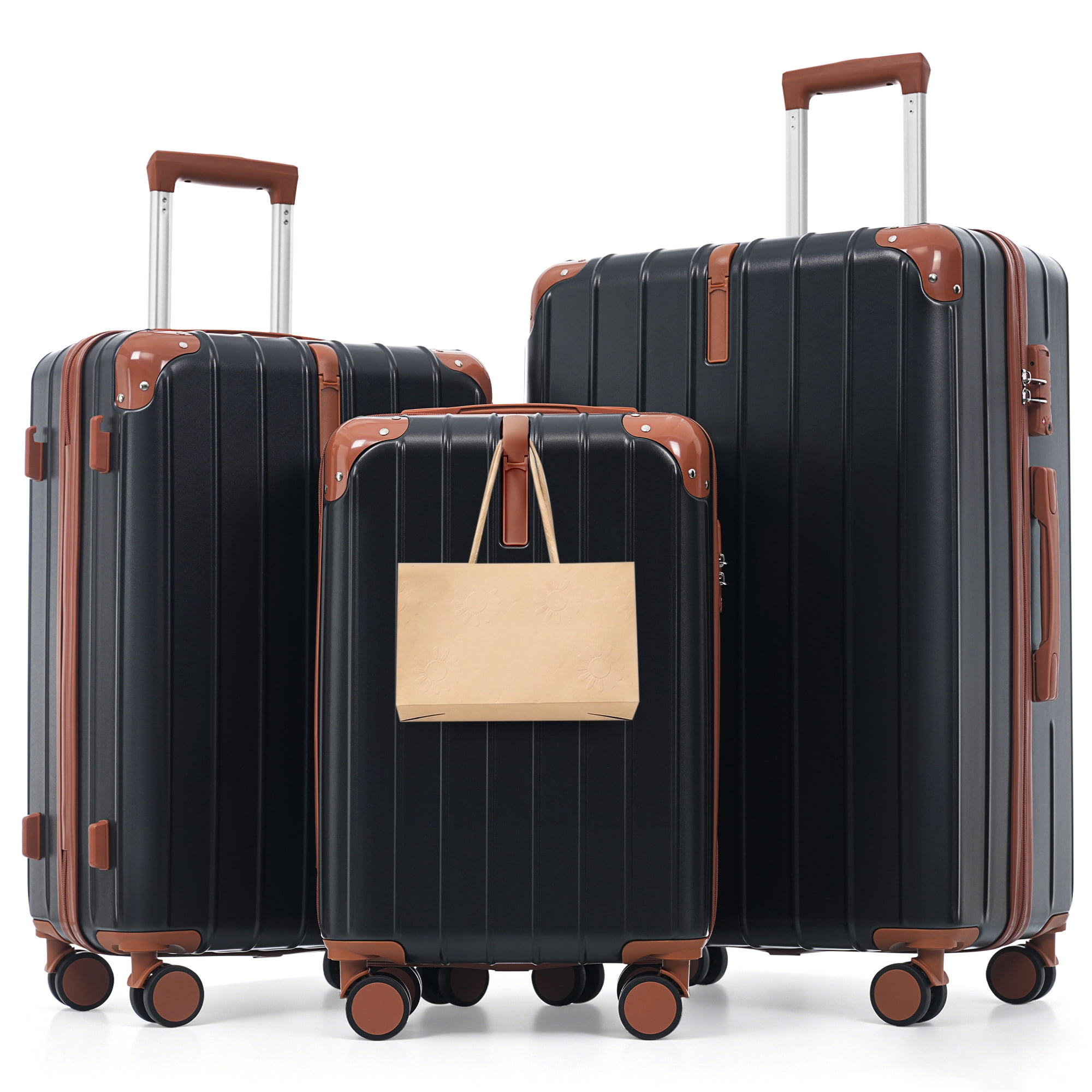 Euroco 3 Piece Luggage Sets, Lightweight Durable Hardshell Suitcase set with 360° Spinner Wheels,TSA Lock & Side Hooks,Large Checked Travel Suitcase for Family,Black