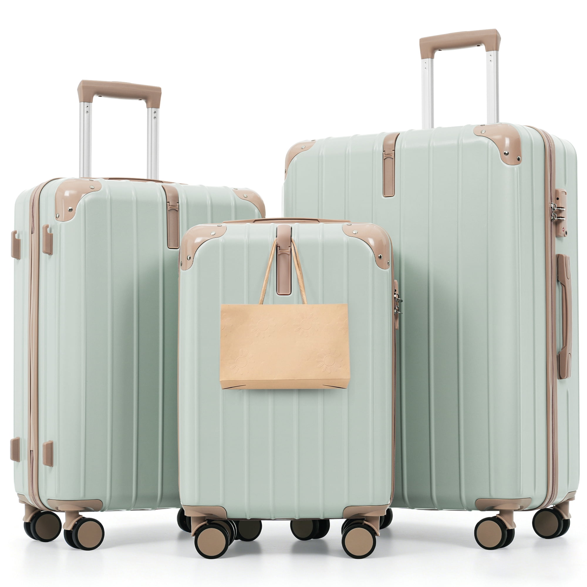 Euroco 3 Piece Luggage Sets, Lightweight Durable Hardshell Suitcase set with 360° Spinner Wheels,TSA Lock & Side Hooks,Large Checked Travel Suitcase for Family,Grey Green