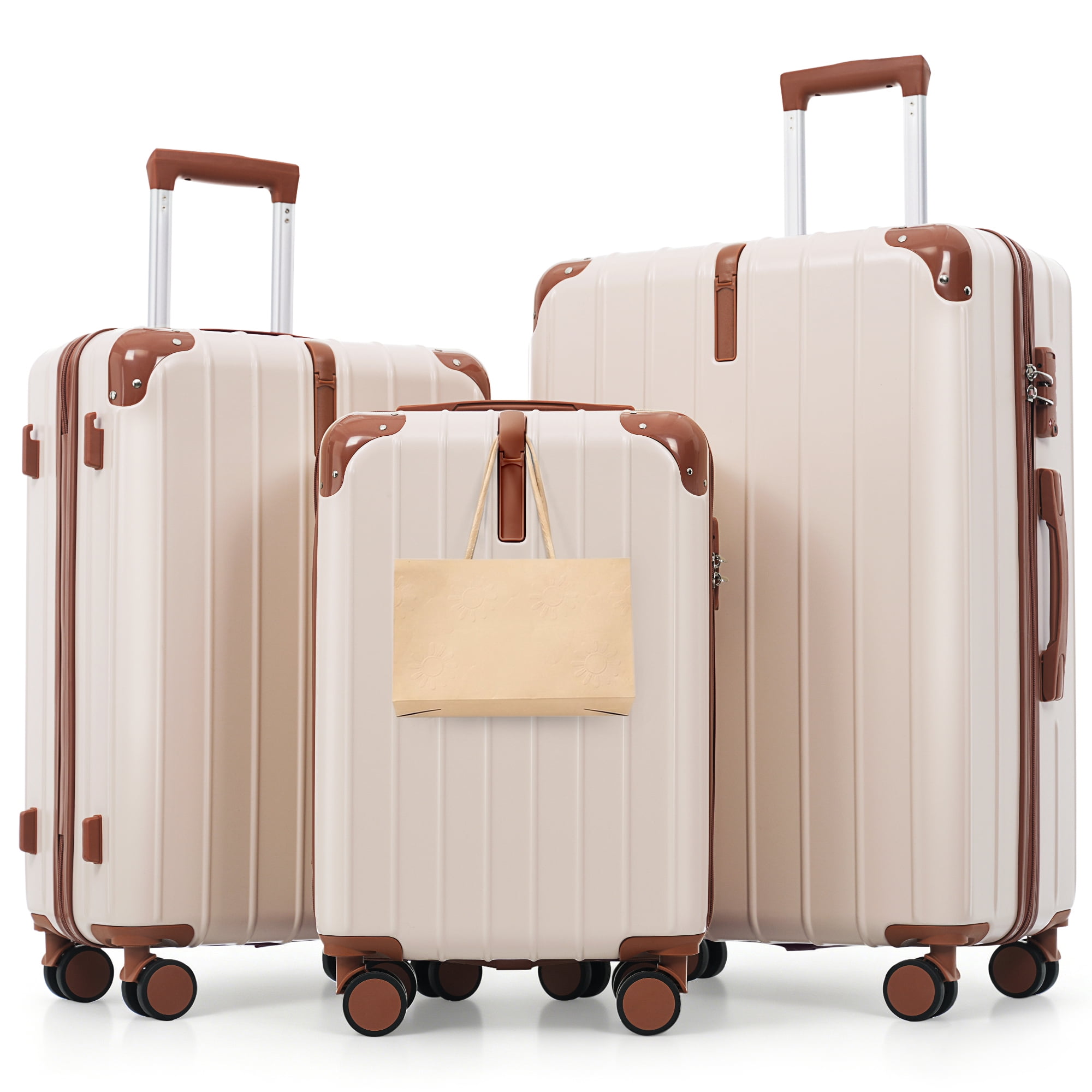 Euroco 3 Piece Luggage Sets, Lightweight Durable Hardshell Suitcase set with 360° Spinner Wheels,TSA Lock & Side Hooks,Large Checked Travel Suitcase for Family,Ivory