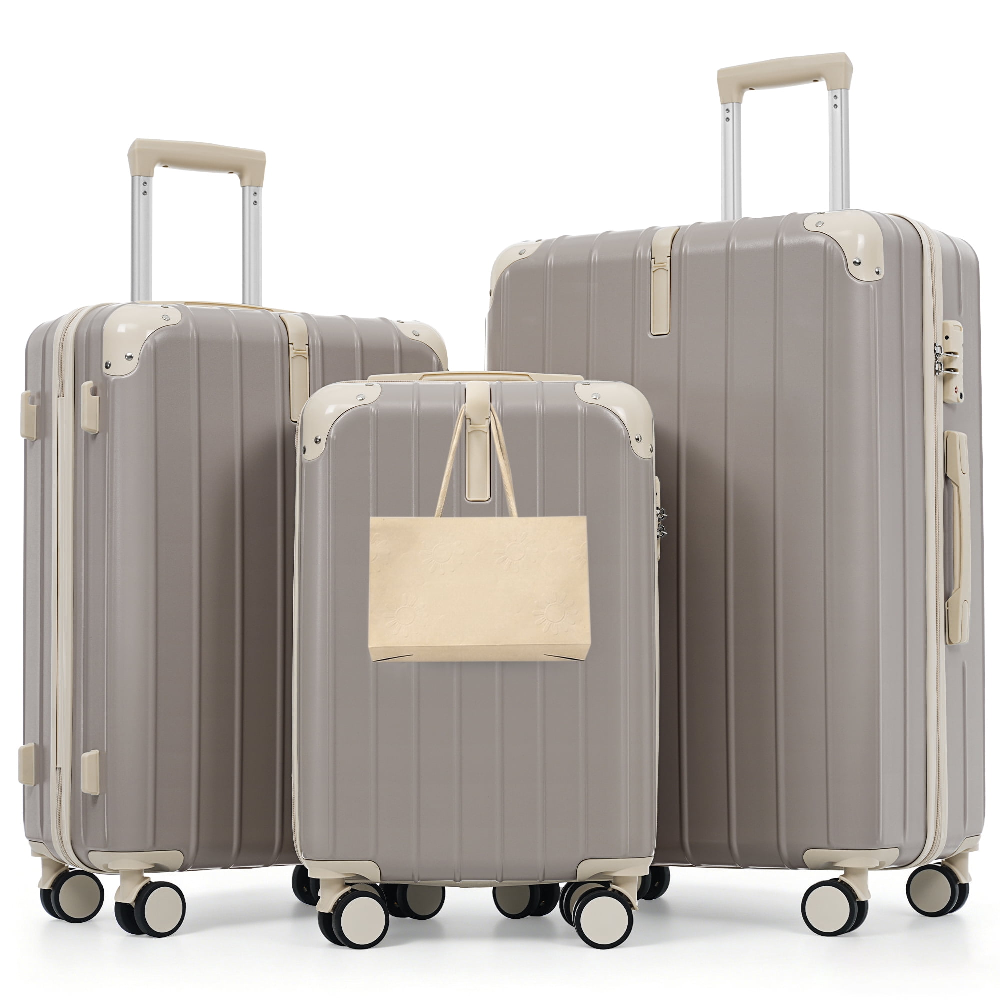 Euroco 3 Piece Luggage Sets, Lightweight Durable Hardshell Suitcase set with 360° Spinner Wheels,TSA Lock & Side Hooks,Large Checked Travel Suitcase for Family,Light Grey
