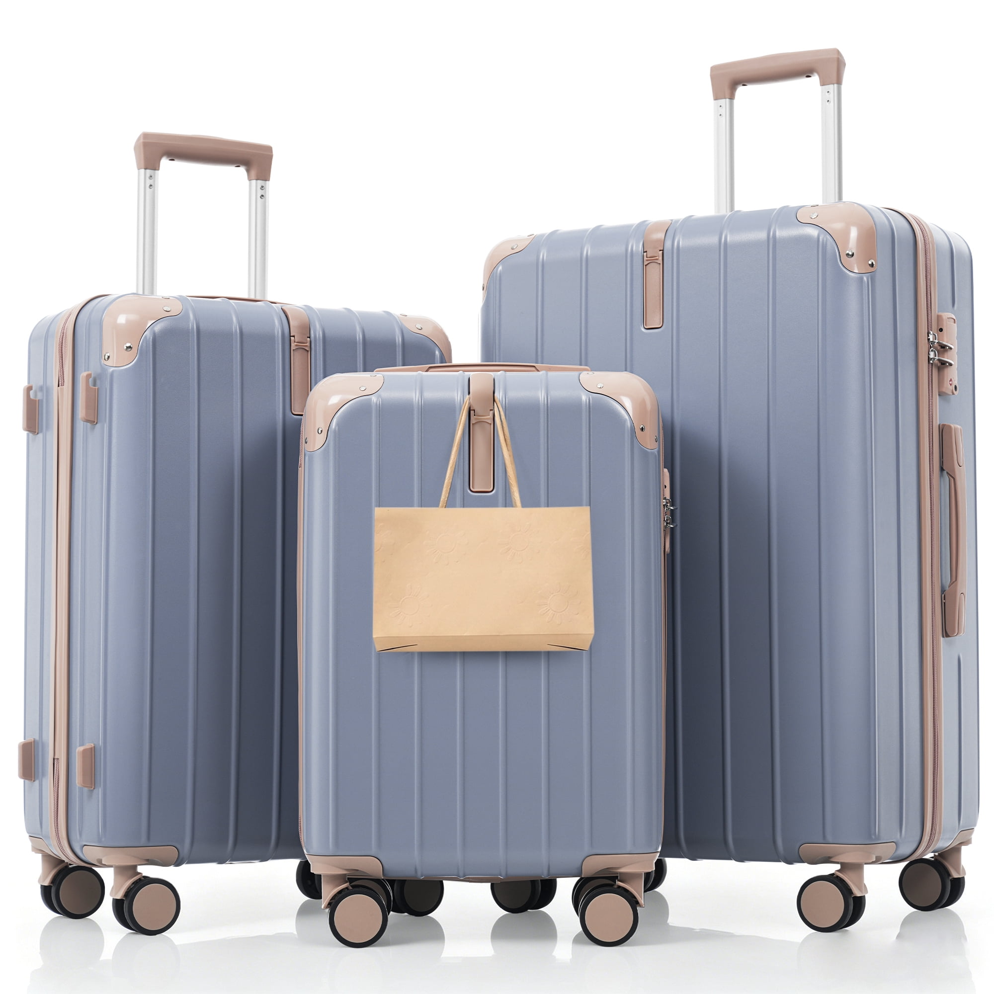 Euroco 3 Piece Luggage Sets, Lightweight Durable Hardshell Suitcase set with 360° Spinner Wheels,TSA Lock & Side Hooks,Large Checked Travel Suitcase for Family,Light Blue