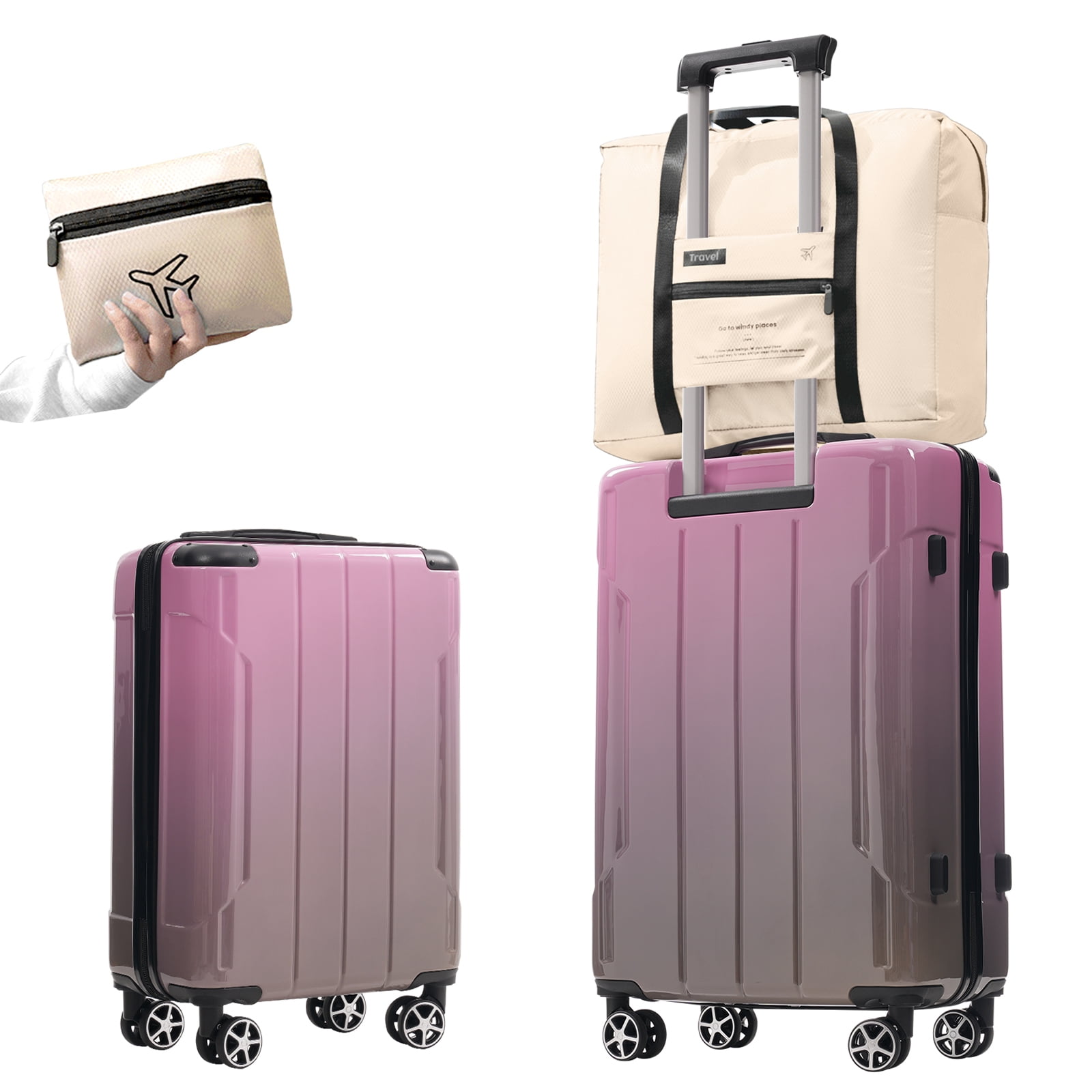 Euroco 3 Piece Luggage Sets,PC Hardside Travel Suitcase Set with Spinner Wheels,TSA Lock & Foldable Duffel Bag for Men Women,Pink