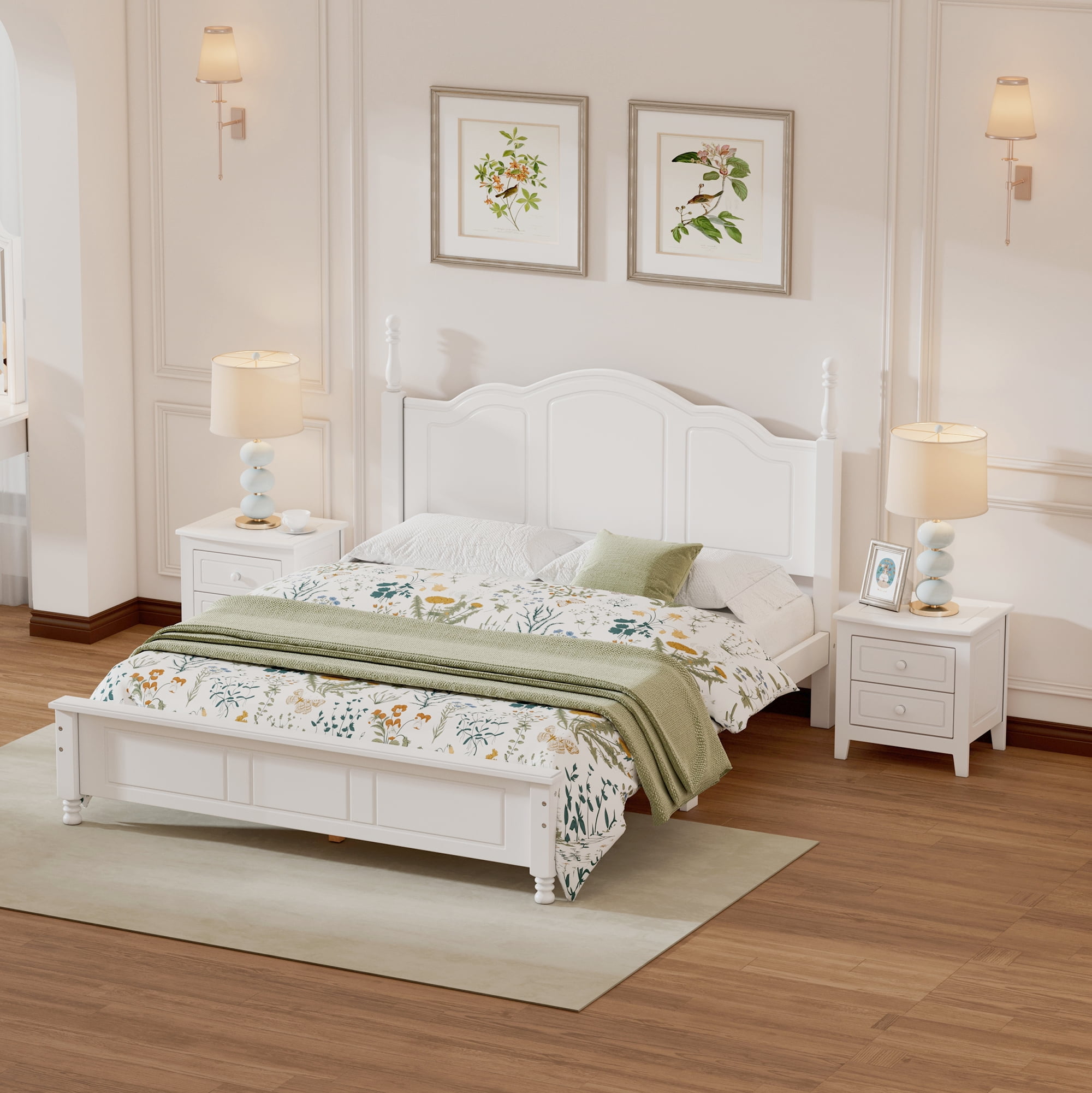 Euroco 3-Piece Natural Wood Queen Bedroom Set, White, Solid
