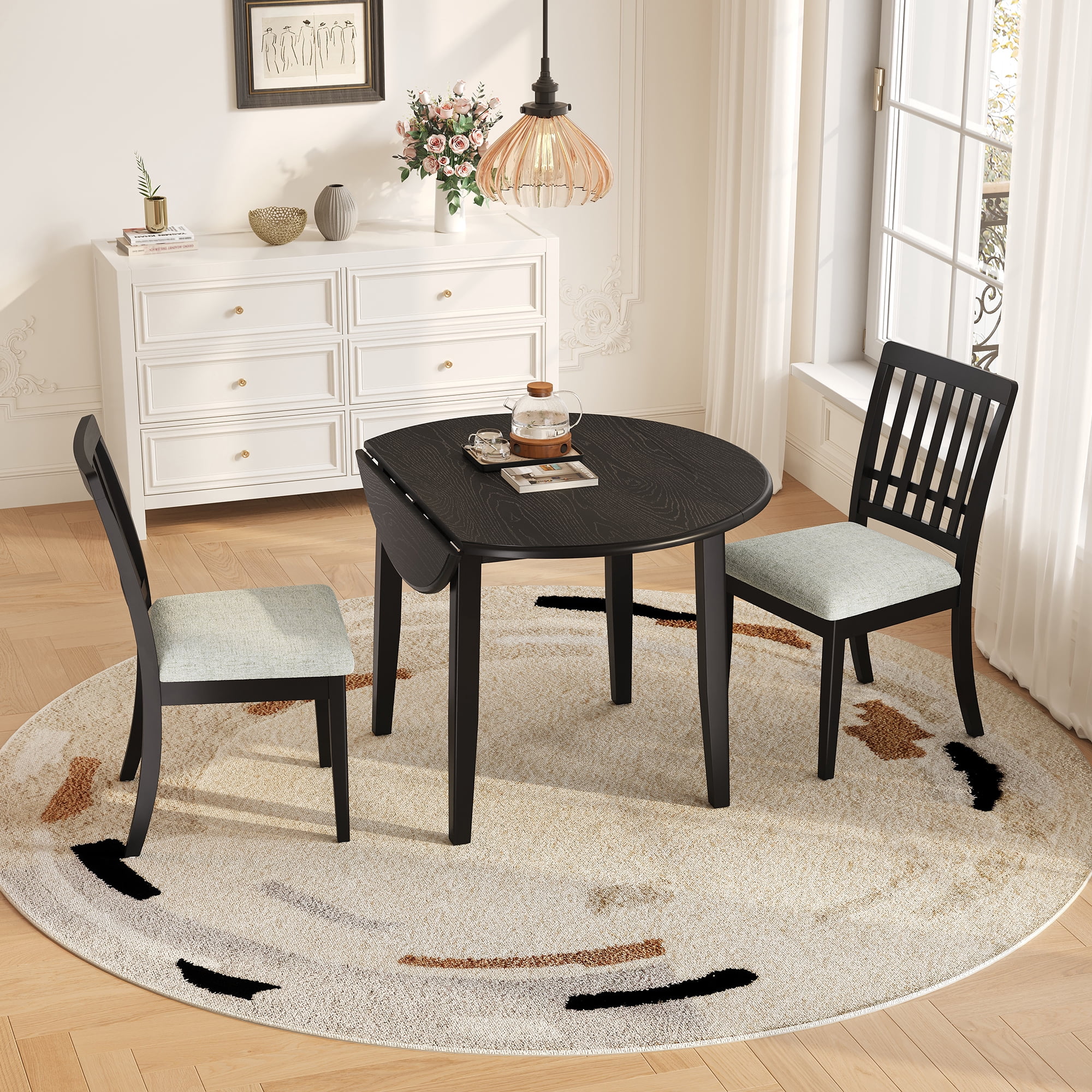 Euroco 3-Piece Round Dining Table Set for 2, Foldable Wood Dining Table with 2 Upholstered Chairs, Farmhouse Kitchen Table Set for Small Apartments,Dining Areas,Space-Saving,Black