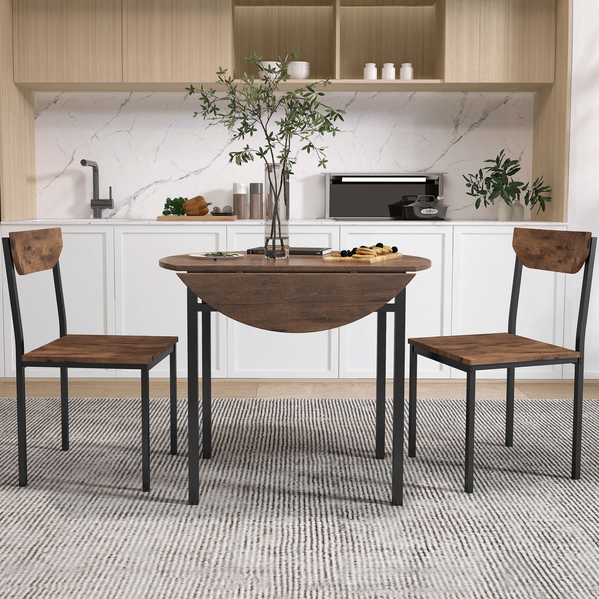 Euroco 3-Piece Round Dining Table Set for 2, Modern Extendable Kitchen Table Set with Drop Leaf,Metal Legs and 2 Chairs for Small Places,Brown