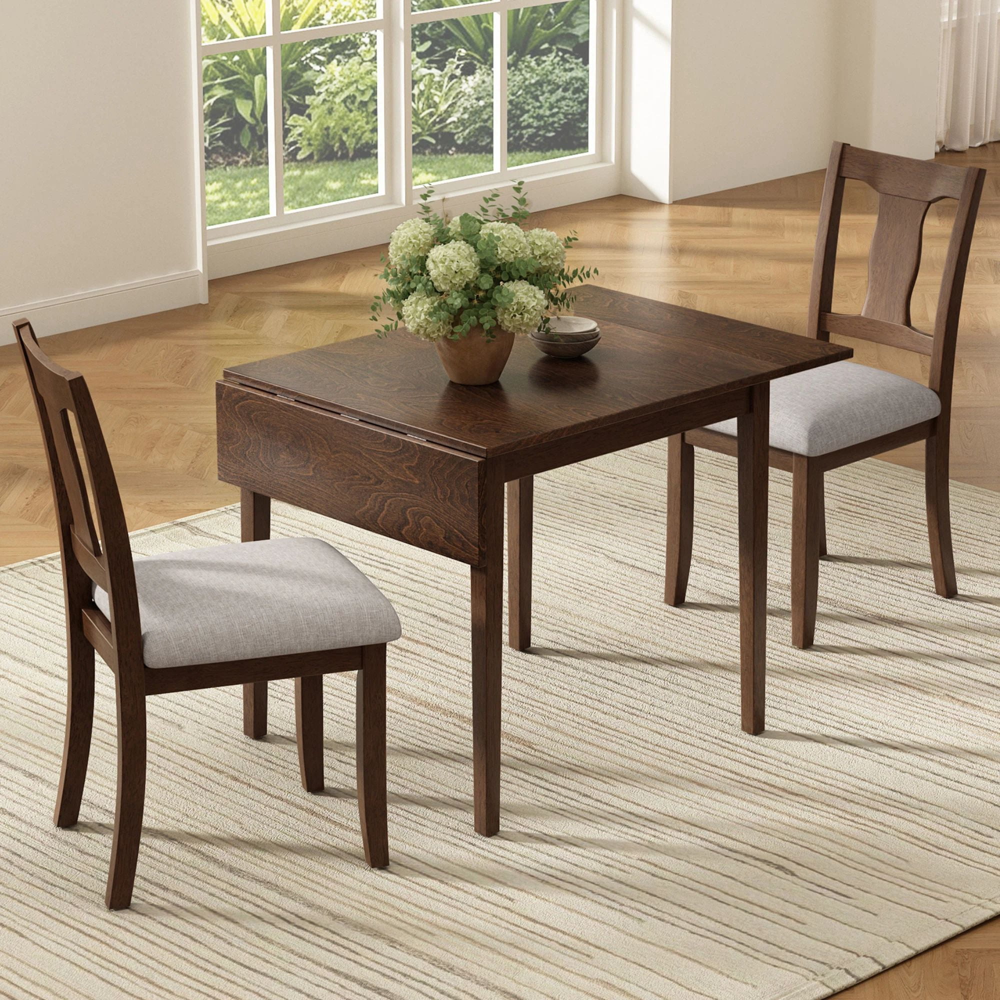 Euroco 3 Piece Wood Dining Table Set, Modern Breakfast Nook Kitchen Table Set with Drop Leaf and 2 Upholstered Chairs for Small Places,Brown