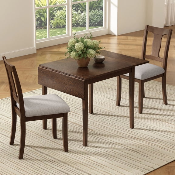 Euroco 3 Piece Wood Dining Table Set, Modern Breakfast Nook Kitchen Table Set with Drop Leaf and 2 Upholstered Chairs for Small Places,Brown