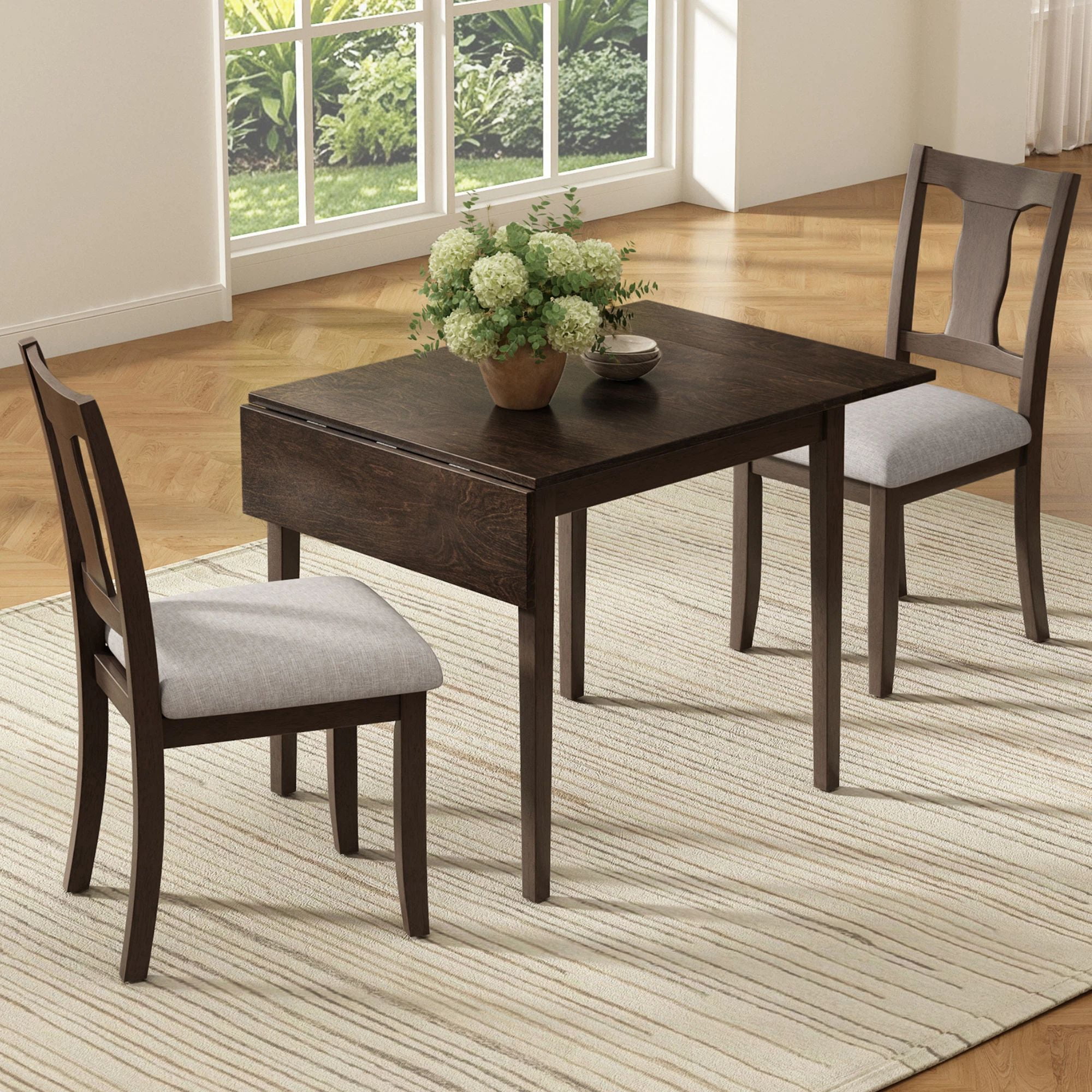 Euroco 3 Piece Wood Dining Table Set, Modern Breakfast Nook Kitchen Table Set with Drop Leaf and 2 Upholstered Chairs for Small Places,Espresso