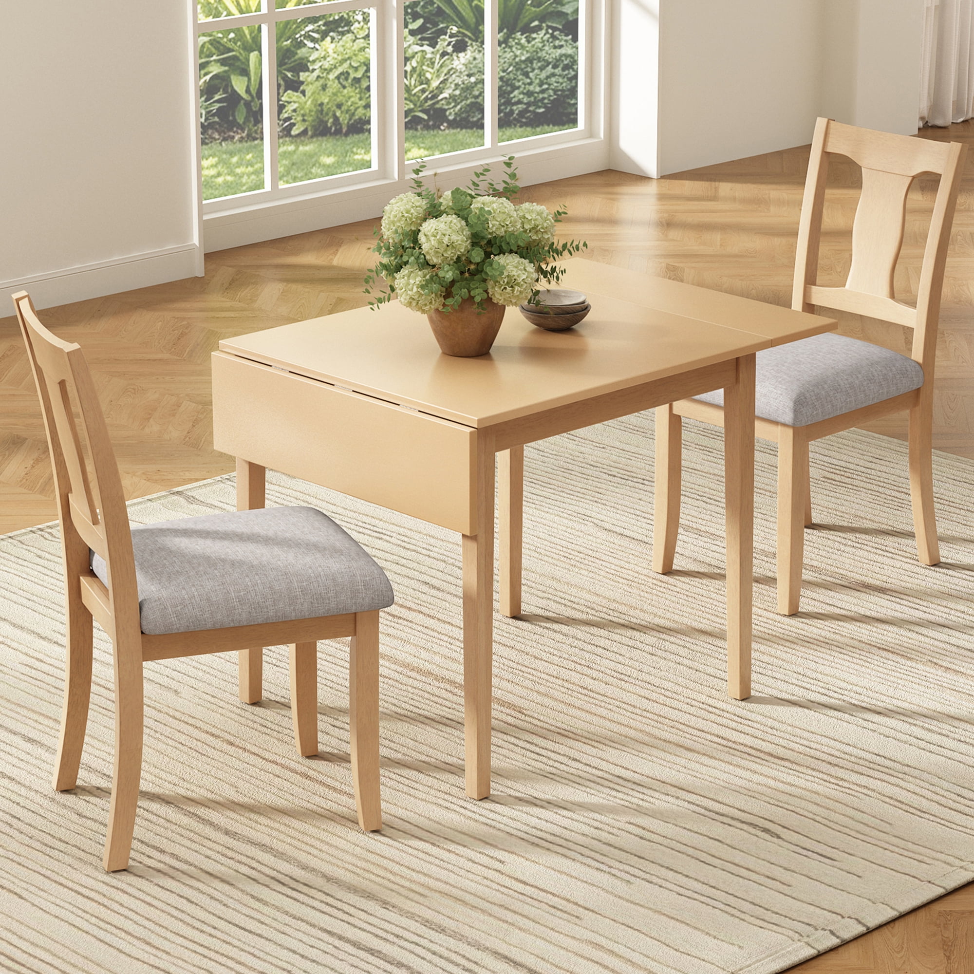 Euroco 3 Piece Wood Dining Table Set, Modern Breakfast Nook Kitchen Table Set with Drop Leaf and 2 Upholstered Chairs for Small Places,Natural