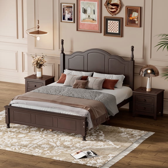 Euroco 3-Pieces Bedroom Set, Solid Wood Full Size Platform Bed with 2 Nightstand for Adults, Walnut