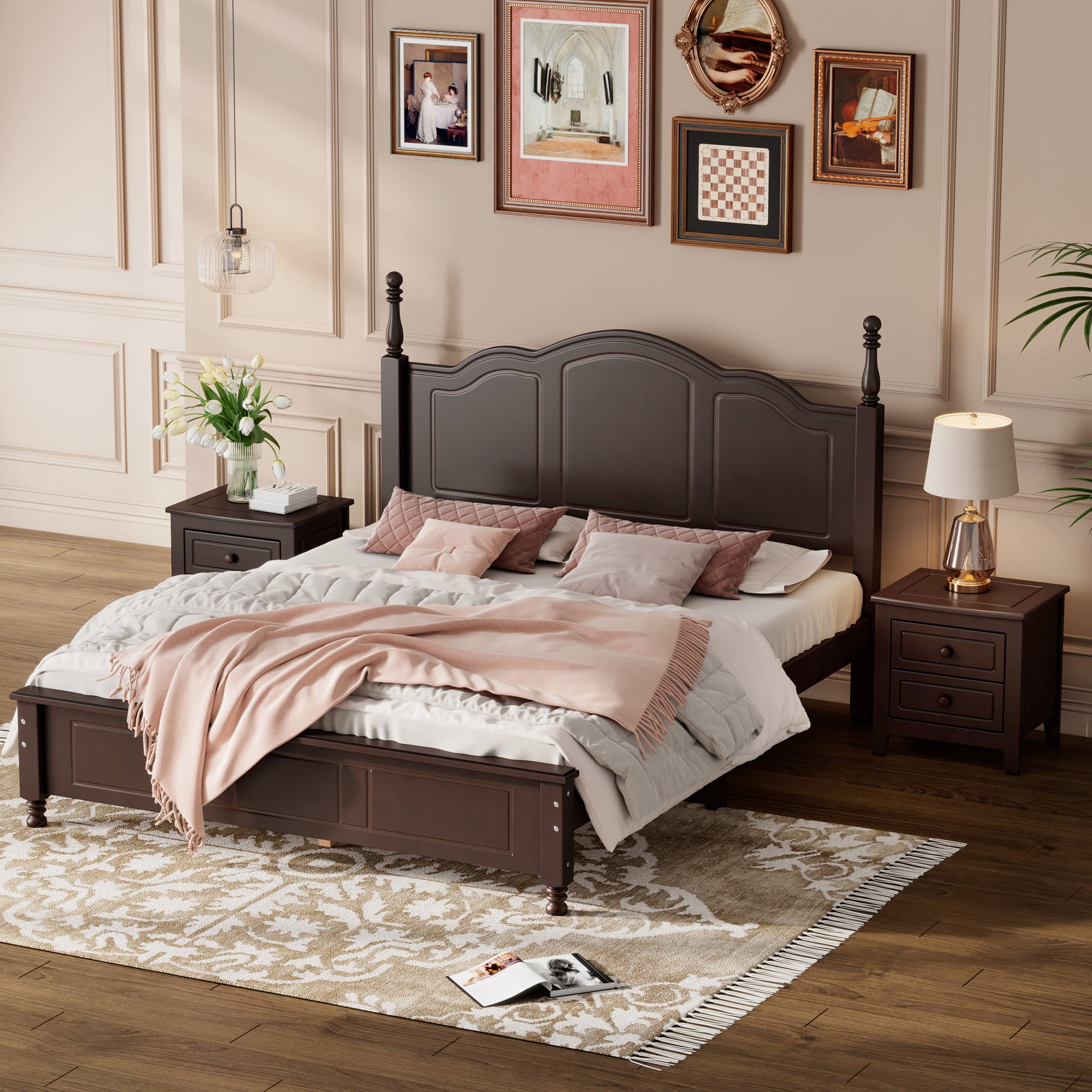 Euroco 3-Pieces Bedroom Set, Solid Wood Queen Size Platform Bed with 2 Nightstand, Walnut