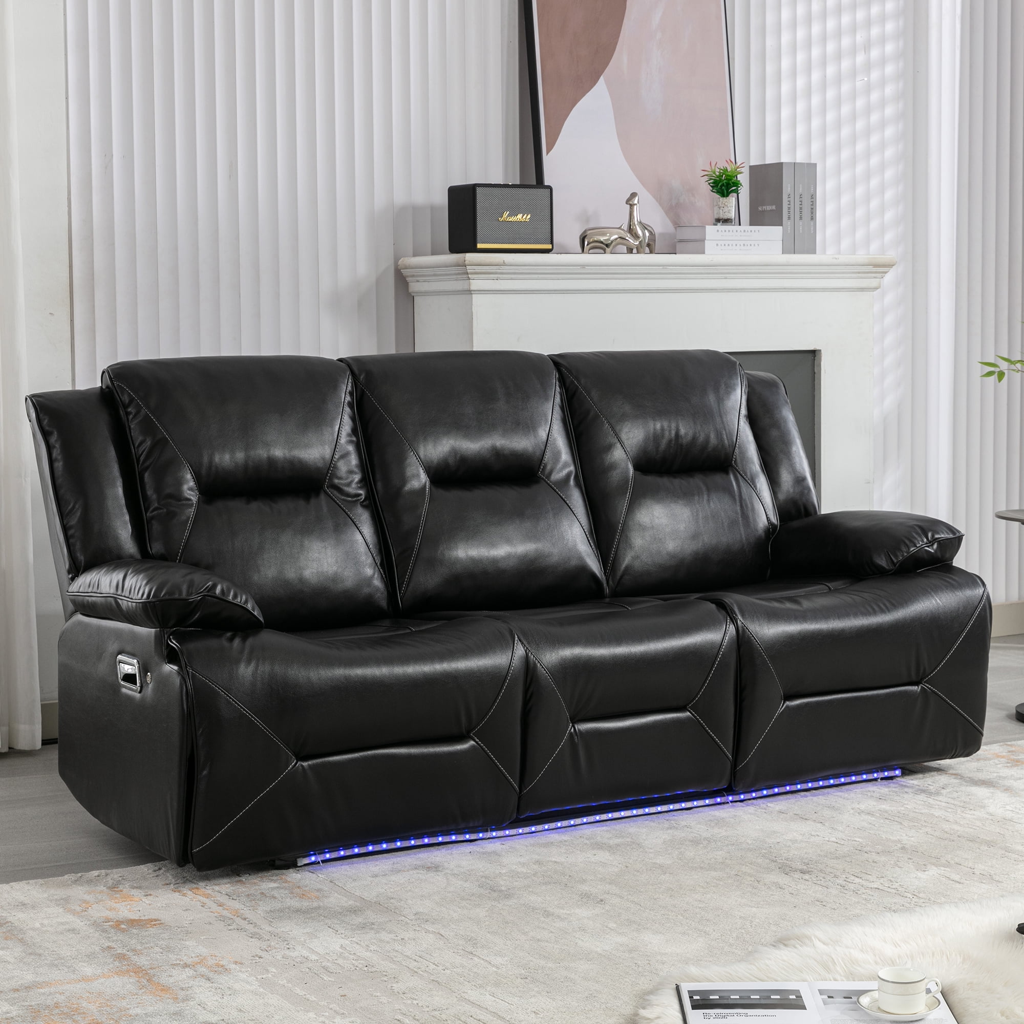 Euroco 3 Seater Home Theater Recliner Manual Recliner Chair with a LED Light Strip Two Built-in Cup Holders for Living Room,Bedroom, Black