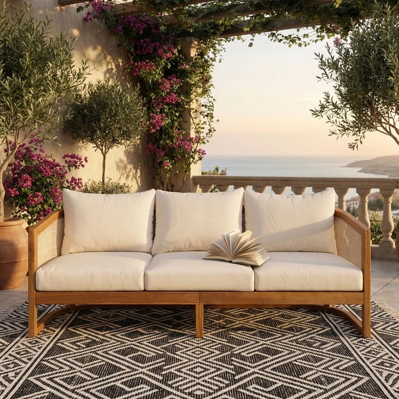 Euroco 3 Seater Outdoor Sofa Couch,Acacia Wood Patio Sofa Furniture with Cushions and Deep Seat for Garden Backyard Porch,Beige