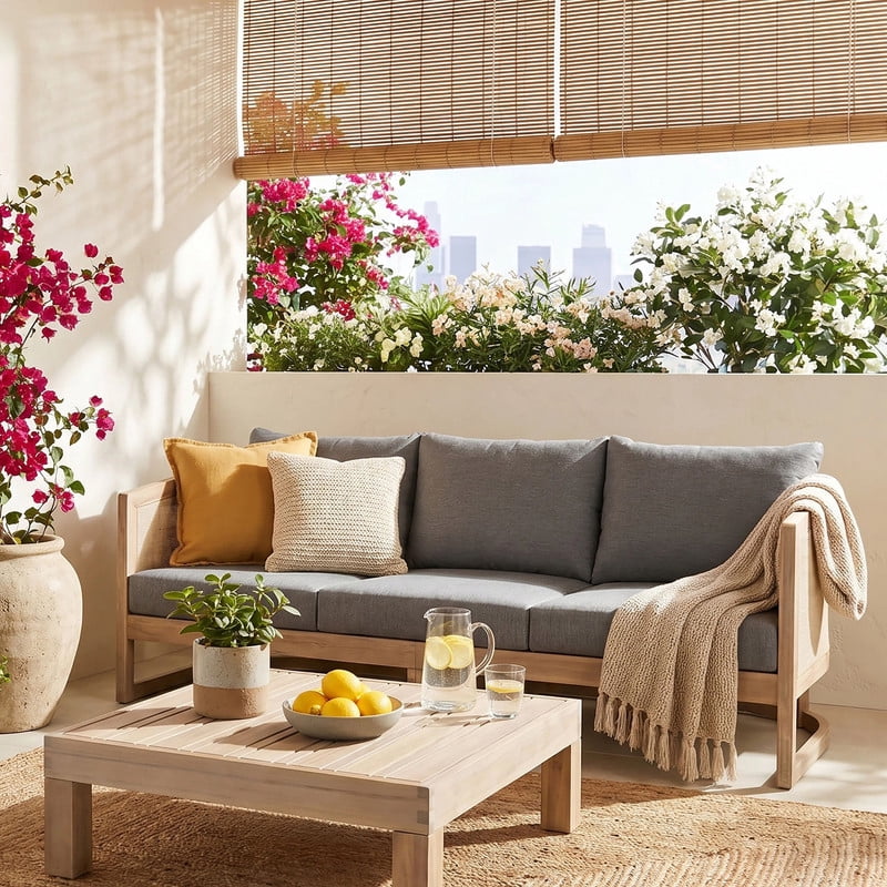 Euroco 3 Seater Outdoor Sofa Couch,Acacia Wood Patio Sofa Furniture with Cushions and Deep Seat for Garden Backyard Porch,Grey