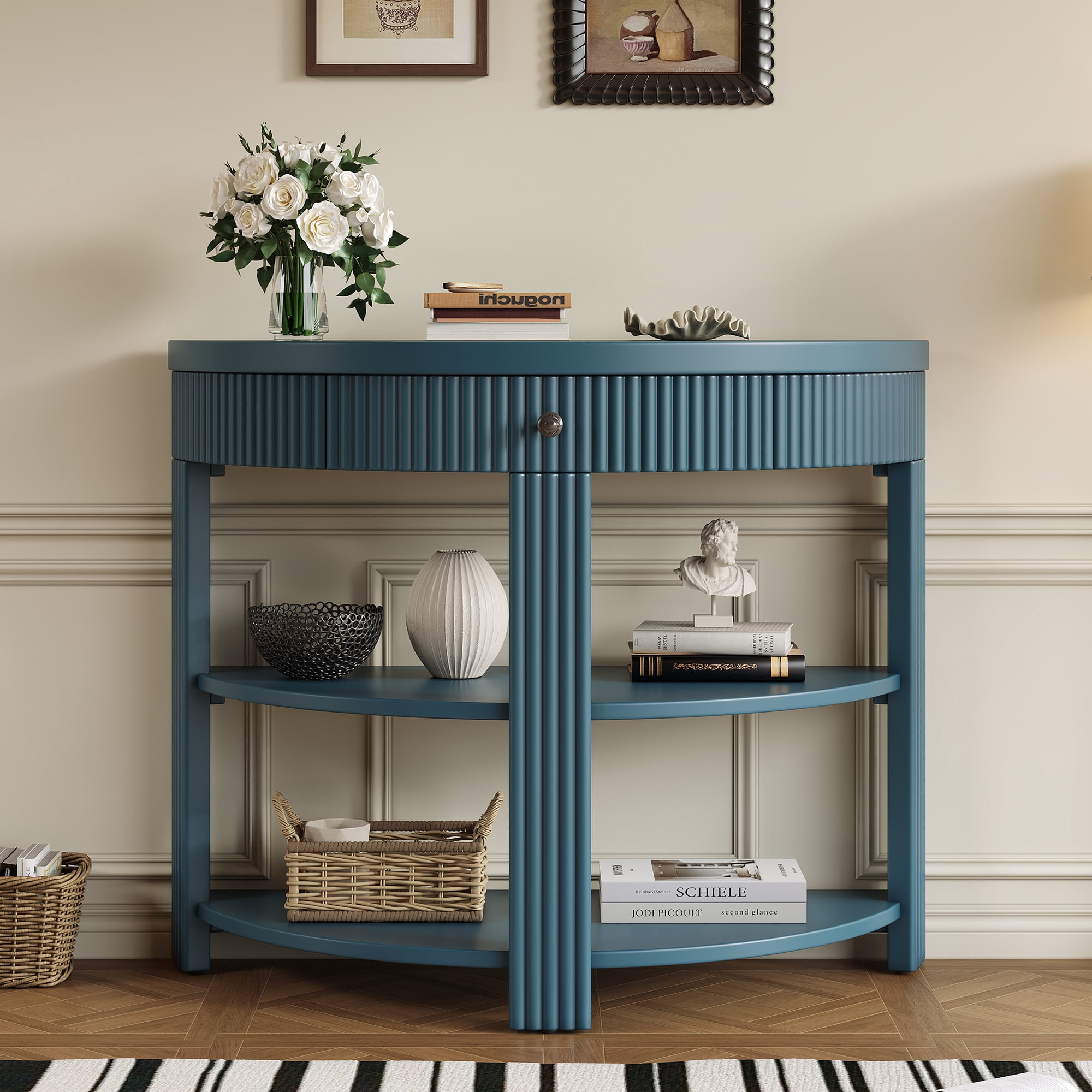 Euroco 3-Tier Half Moon Console Table with 1-Drawer, Fluted Entryway Table with Open Storage Shelves for Living Room, Hallway, Foyer,Navy