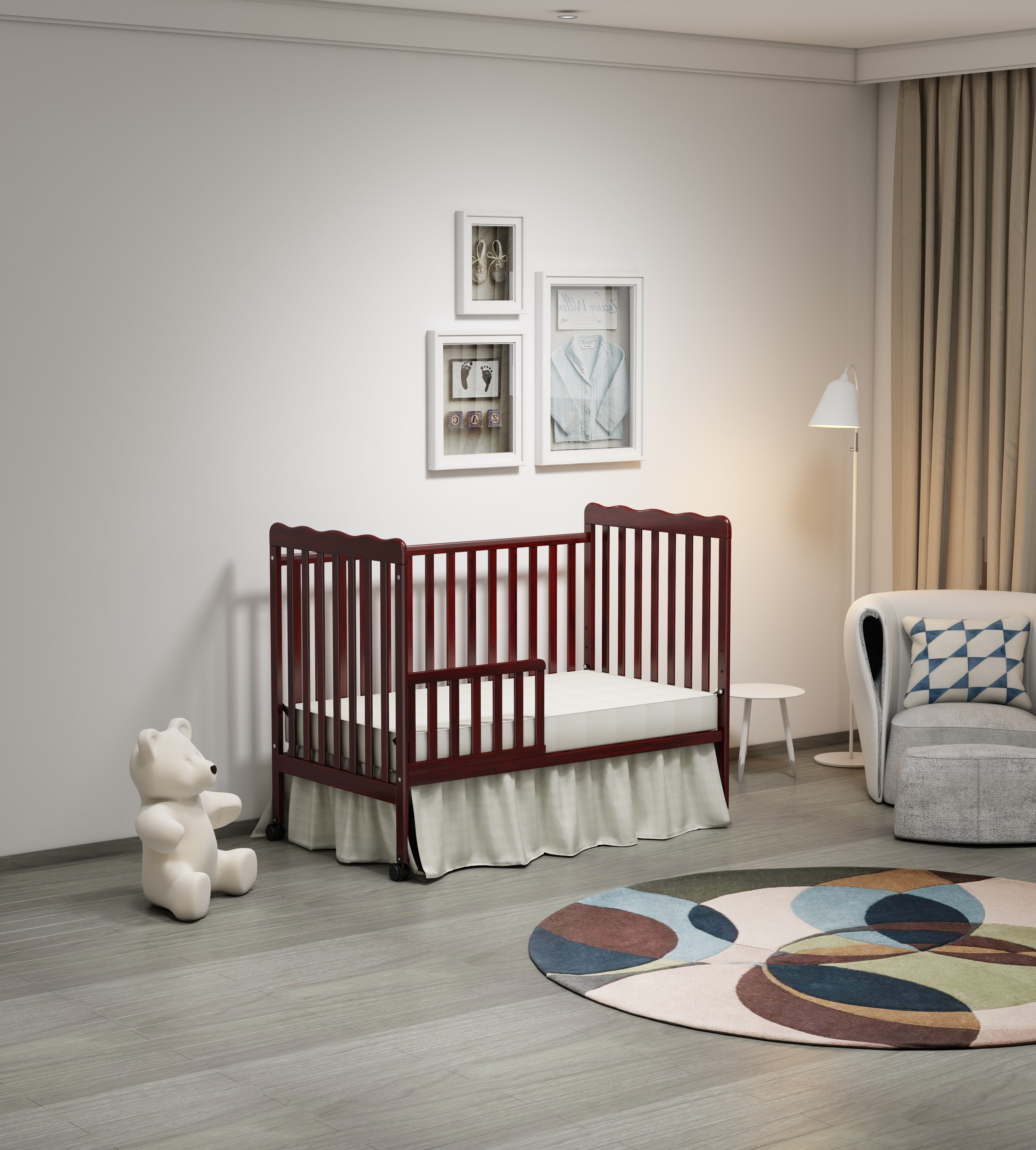 Euroco 3-in-1 Convertible Crib, Baby Crib with Drawers, Wood and Metal, Natural