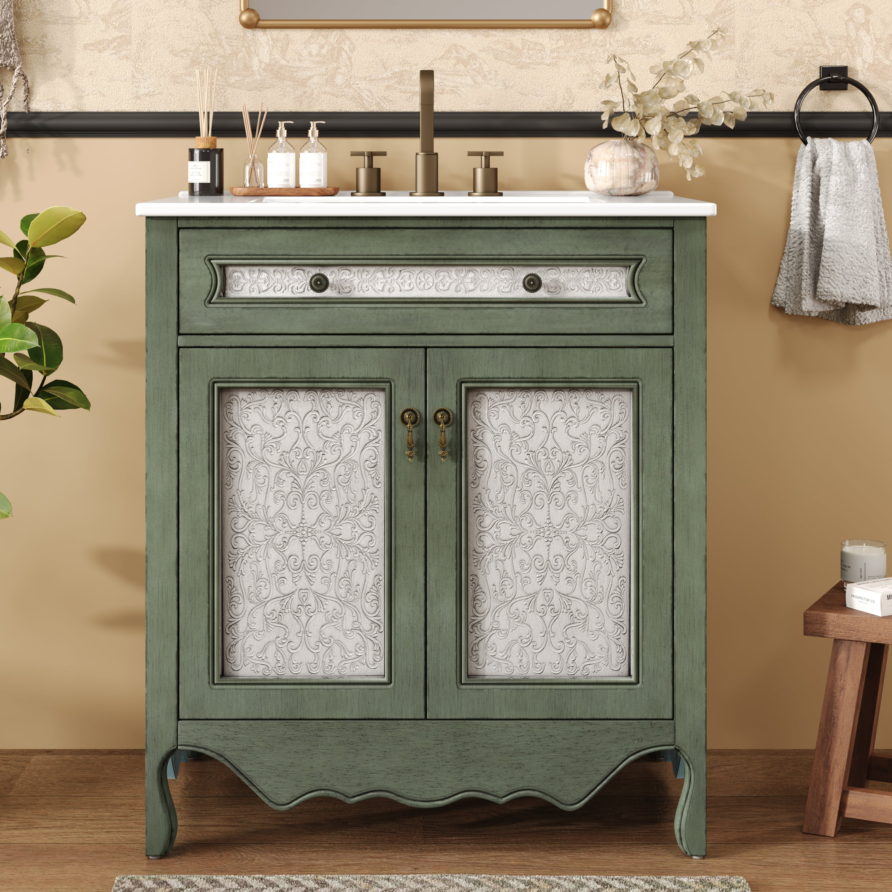 Euroco 30" Antique Pattern Bathroom Vanity in Antique Green + Blue is a stunning blend of vintage elegance and modern practicality
