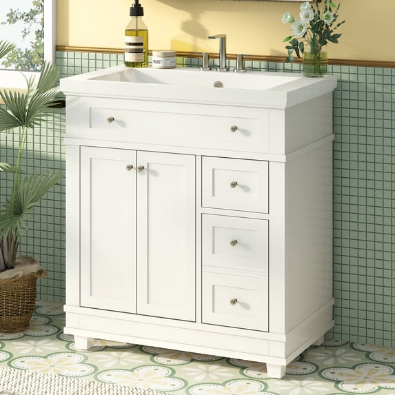 Euroco 30" Bathroom Vanity Cabinet with Sink Combo Set, Undermount Resin Sink, Free Standing Vanity Set with 2 Drawers& Soft Closing Doors, Solid Wood Frame Bathroom Cabinet, White