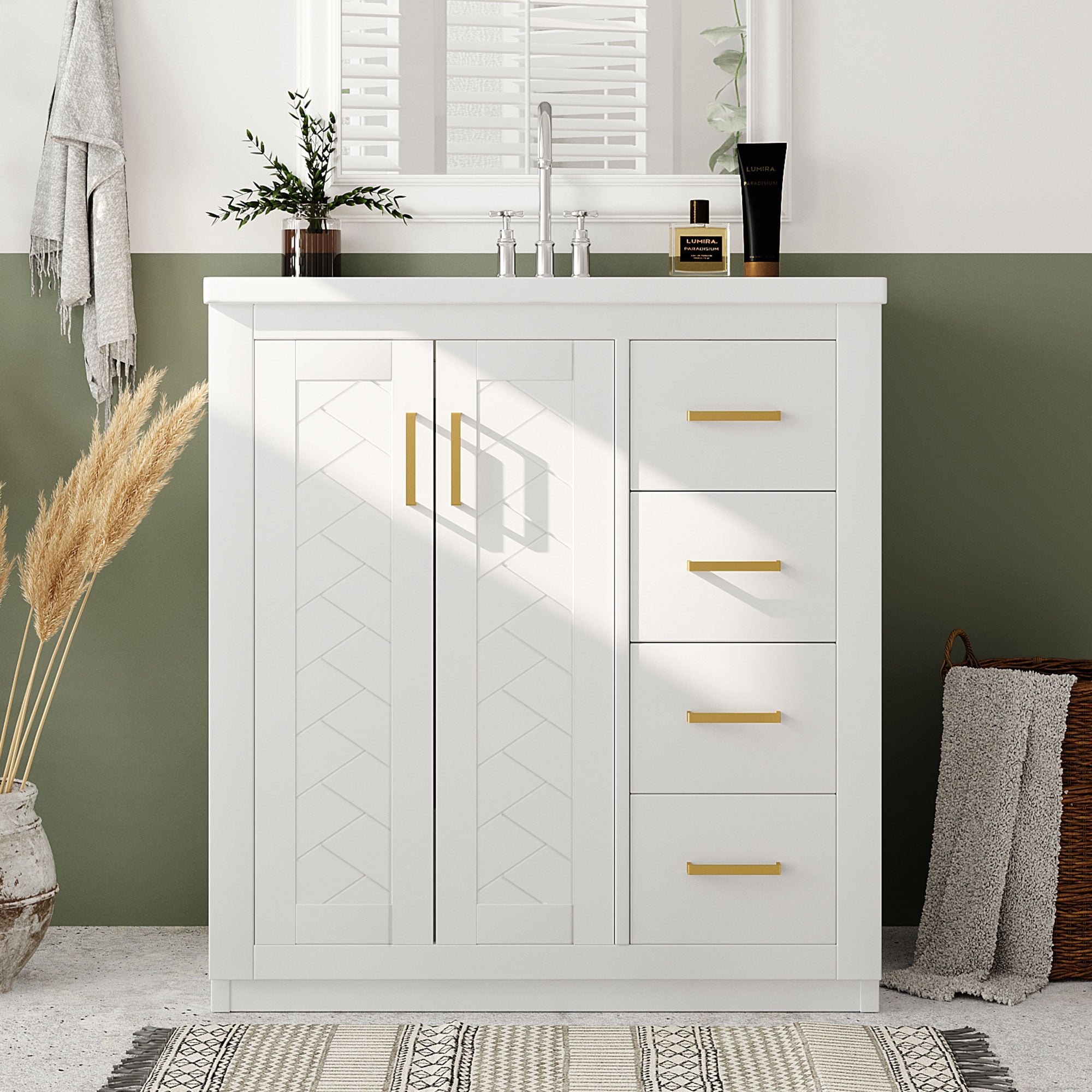 Euroco 30'' Bathroom Vanity with Ceramic Sink Combo, Solid Wood Frame Bathroom Storage Cabinet, Freestanding Vanity Set with 3 Drawers& Soft Closing Doors
