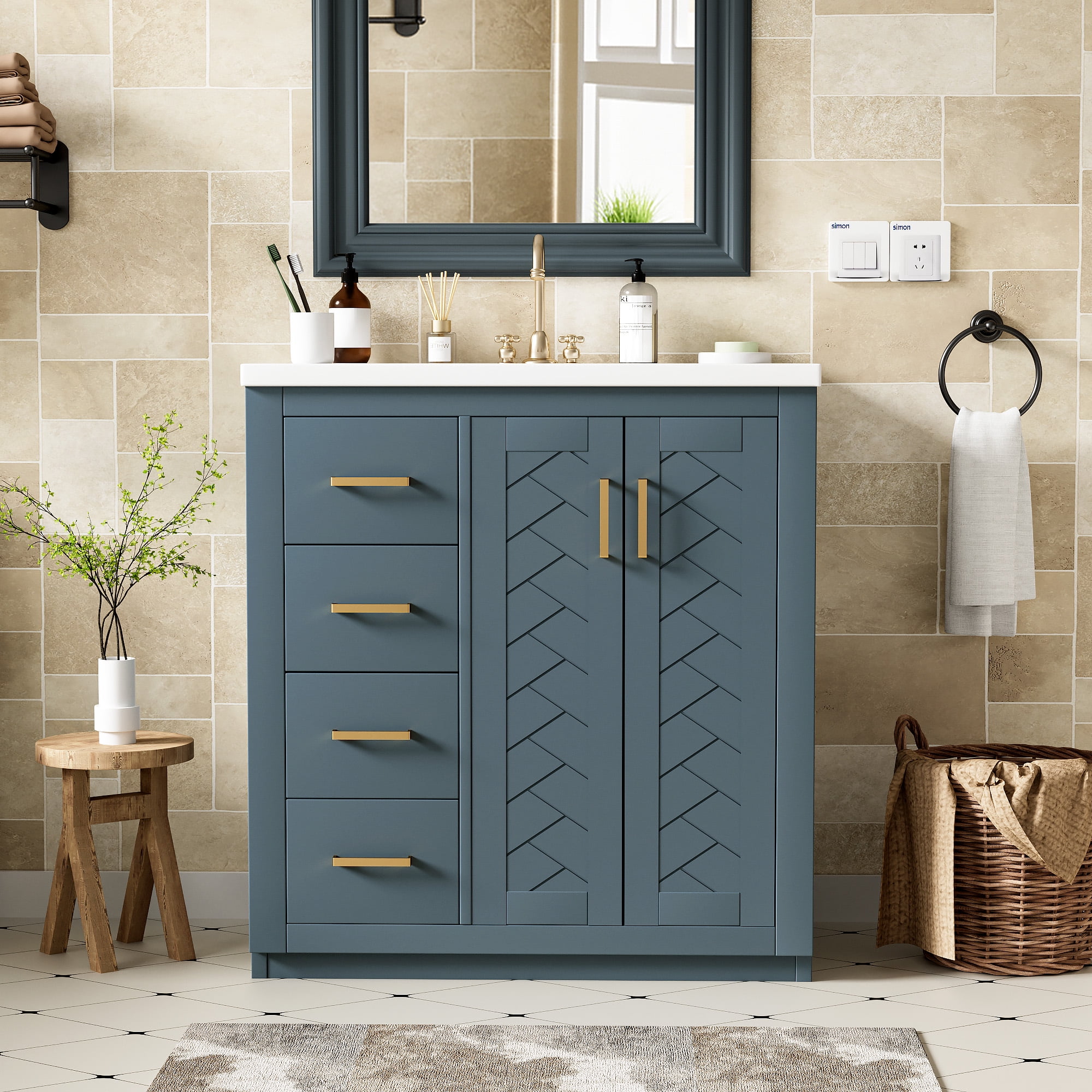Euroco 30'' Bathroom Vanity with Ceramic Sink Combo,Solid Wood Frame Bathroom Storage Cabinet, Freestanding Vanity Set with 3 Drawers& Soft Closing Doors
