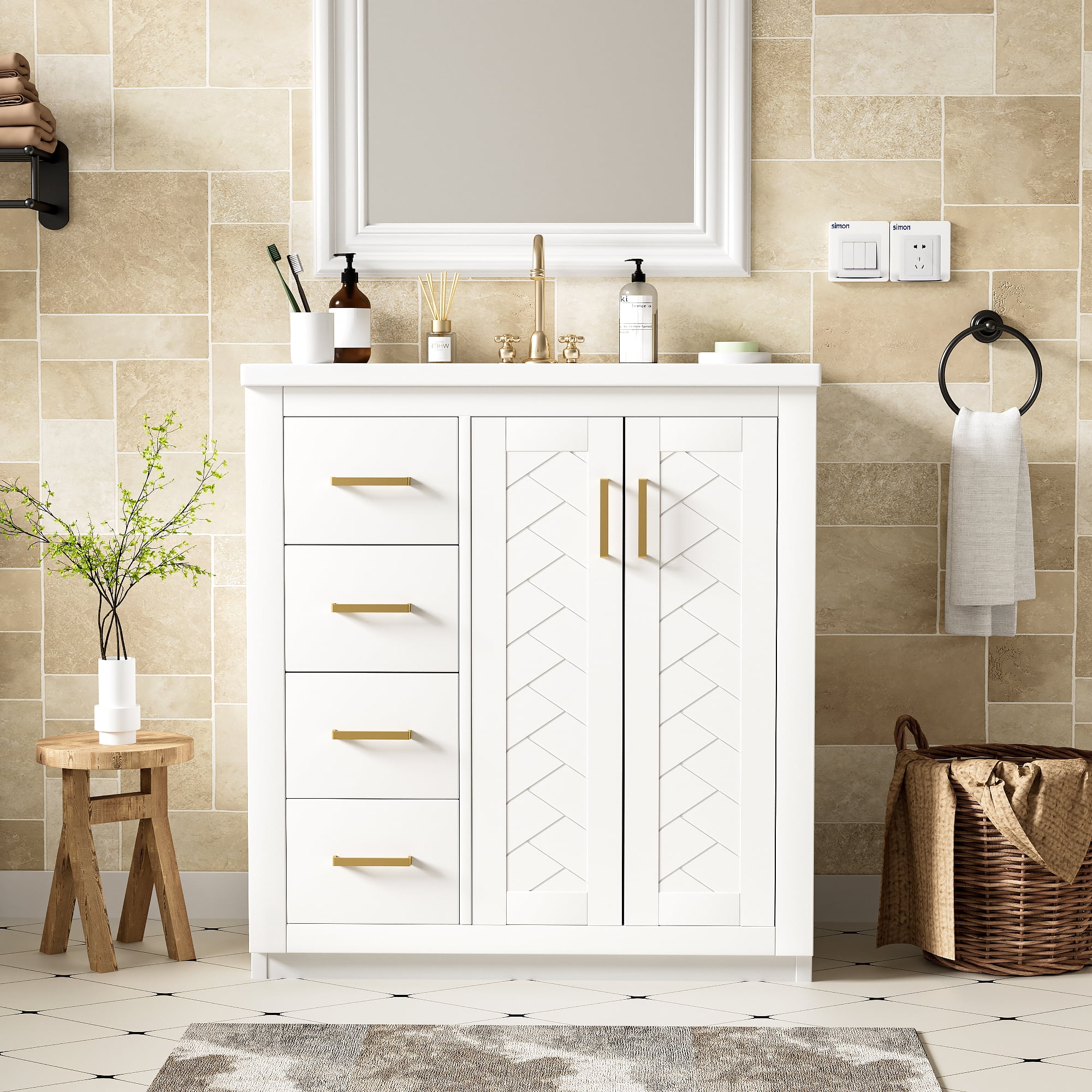 Euroco 30'' Bathroom Vanity with Ceramic Sink Combo,Solid Wood Frame Bathroom Storage Cabinet, Freestanding Vanity Set with 3 Drawers& Soft Closing Doors