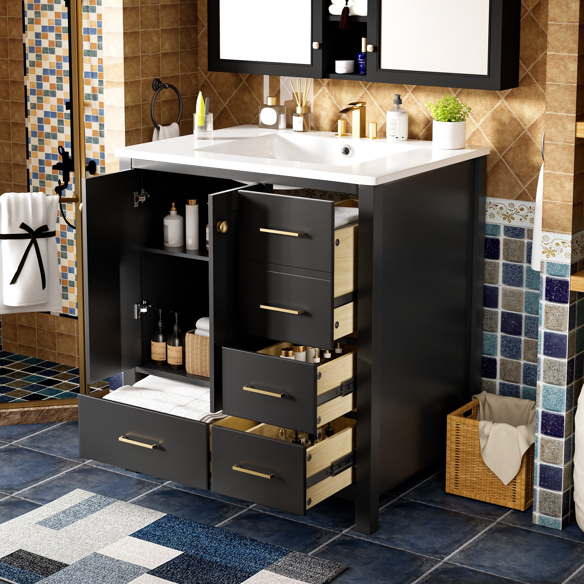Euroco 30'' Bathroom Vanity with Ceramic Sink Combo, Solid Wood Frame Bathroom Storage Cabinet, Freestanding Vanity Set with 4 Drawers& Soft Closing Doors, Black