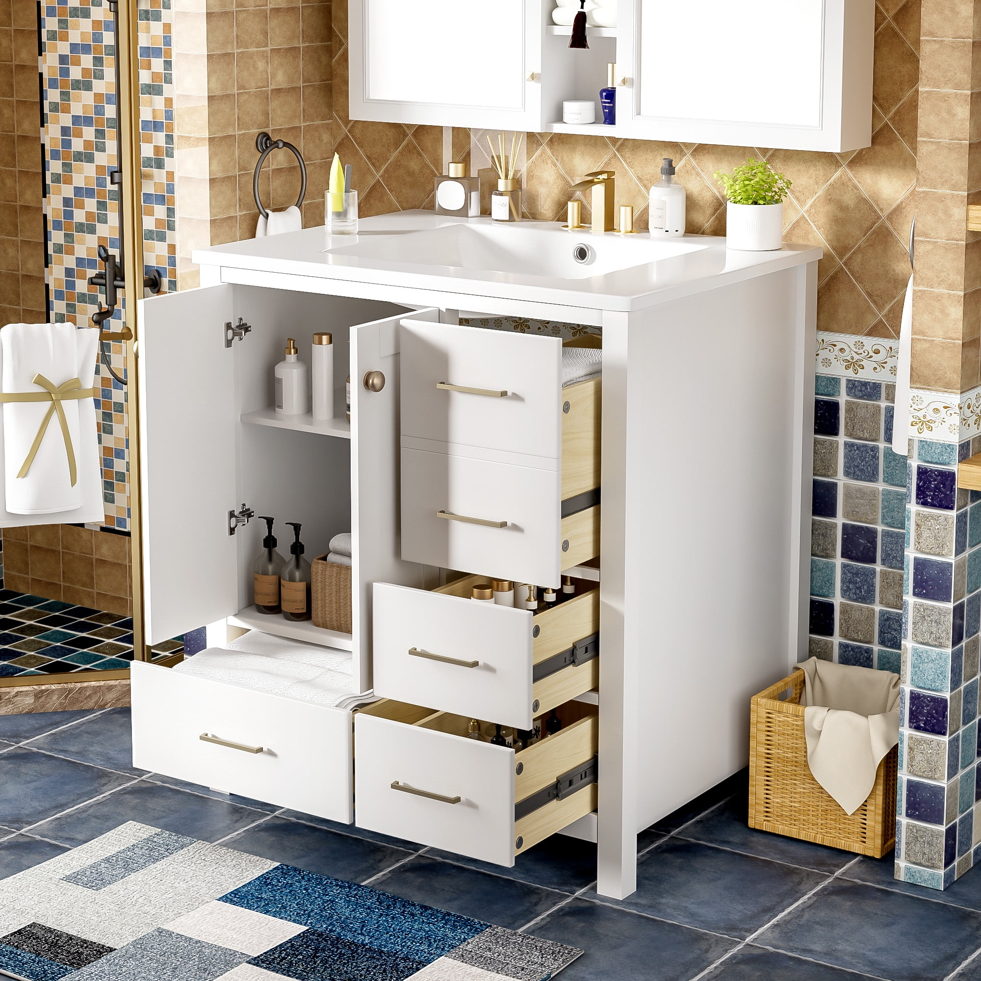 Euroco 30'' Bathroom Vanity with Ceramic Sink Combo, Solid Wood Frame Bathroom Storage Cabinet, Freestanding Vanity Set with 4 Drawers& Soft Closing Doors, White