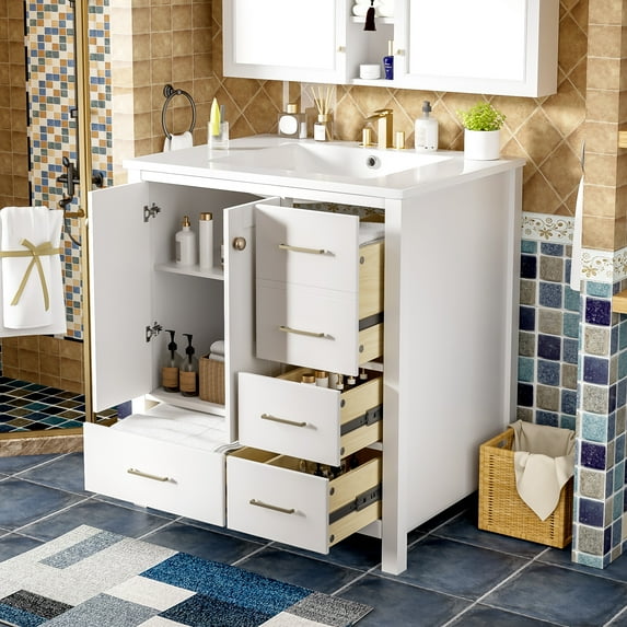 Euroco 30'' Bathroom Vanity with Ceramic Sink Combo, Solid Wood Frame Bathroom Storage Cabinet, Freestanding Vanity Set with 4 Drawers& Soft Closing Doors, White