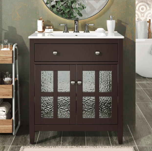 Euroco 30" Bathroom Vanity with Ceramic Sink, Equipped with Adjustable Shelf and Tip-Out Tray, Bathroom vanity with Solid Wood Legs, Silver Metal Knobs and Soft Close Hinges, Dark Brown
