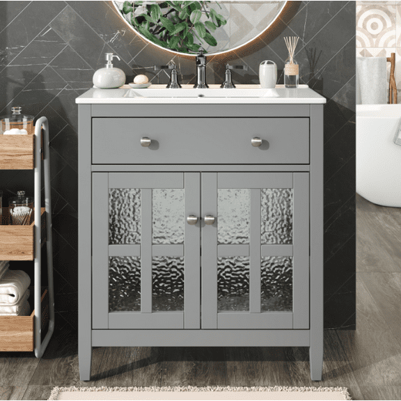 Euroco 30" Bathroom Vanity with Ceramic Sink, Equipped with Adjustable Shelf and Tip-Out Tray, Bathroom vanity with Solid Wood Legs, Silver Metal Knobs and Soft Close Hinges, Gray