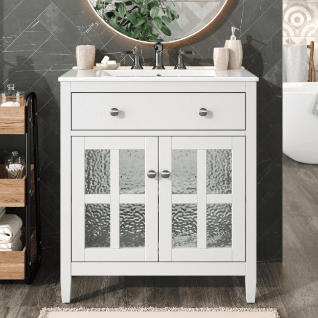 Euroco 30" Bathroom Vanity with Ceramic Sink, Equipped with Adjustable Shelf and Tip-Out Tray, Bathroom vanity with Solid Wood Legs, Silver Metal Knobs and Soft Close Hinges, White