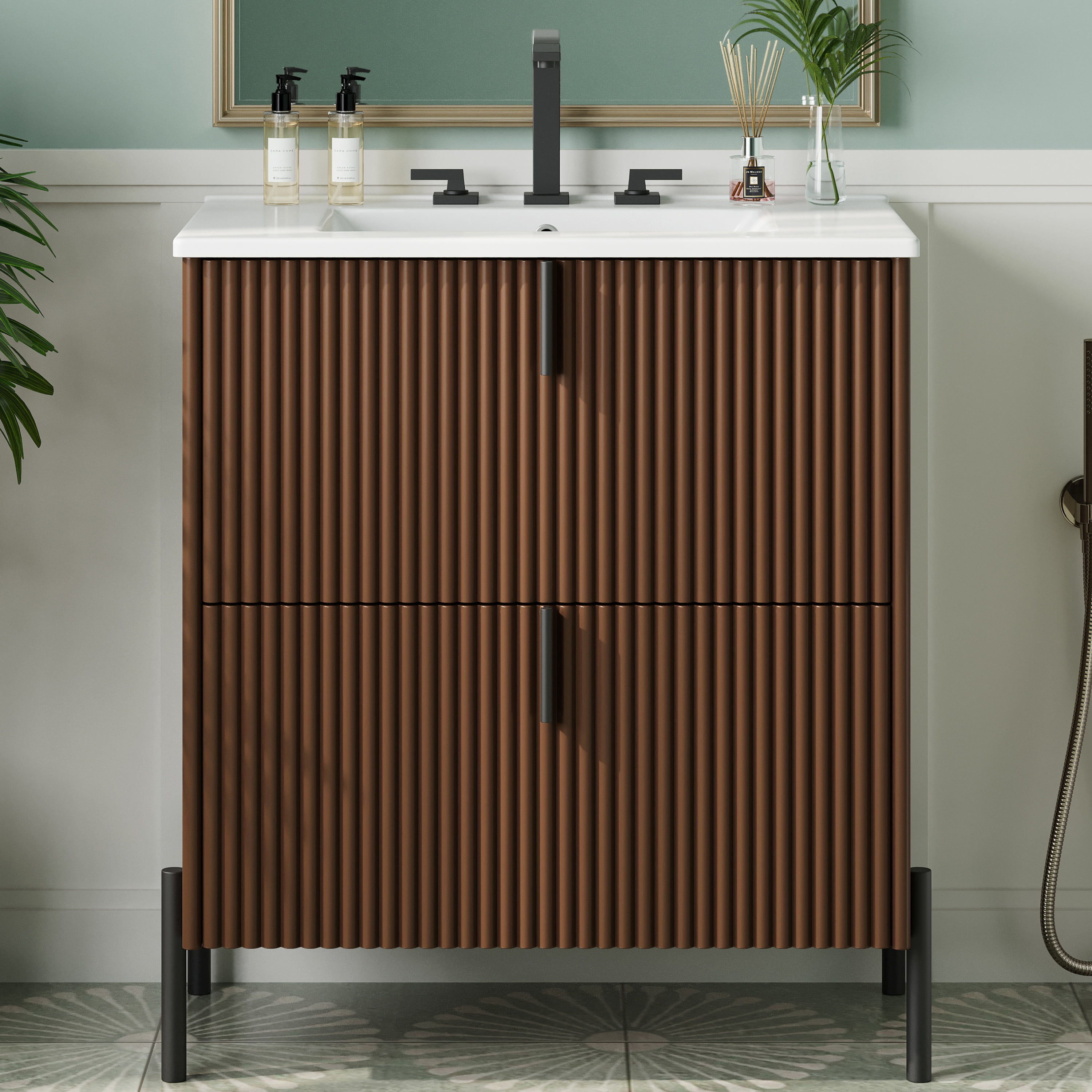 Euroco 30" Bathroom Vanity with Ceramic Sink, Equipped with Vertical Pulls and Full-Extension Drawers, Freestanding Bathroom Vanity with Soft Close Drawer Slides, Fluted Design, Dark Brown