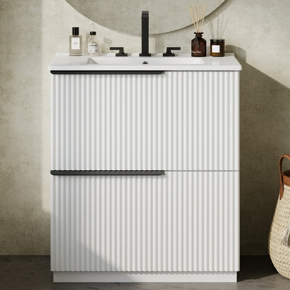 Euroco 30" Bathroom Vanity with Ceramic Sink and Full-Extension Drawers, Freestanding Bathroom Vanity with Soft Close Drawer Slides, Fluted Design, White