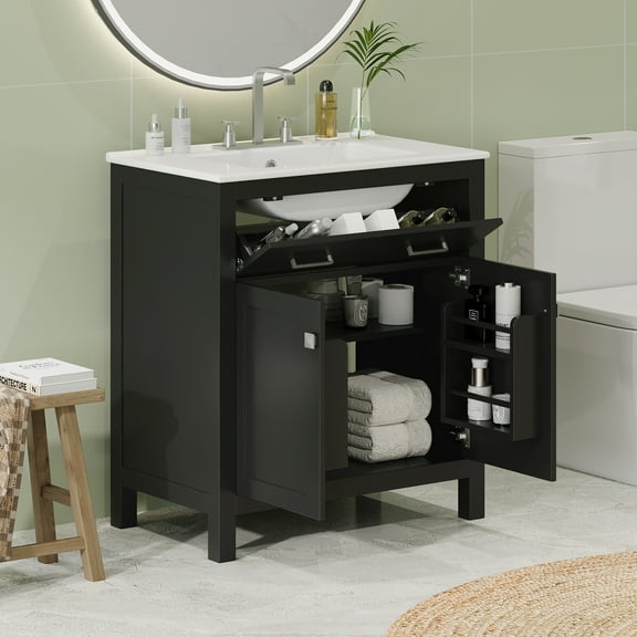 Euroco 30" Bathroom Vanity with Ceramic Sink – Solid Wood Frame, Soft-Close Doors, U-Shaped Adjustable Shelf,Compact Storage Cabinet for Small Bathrooms