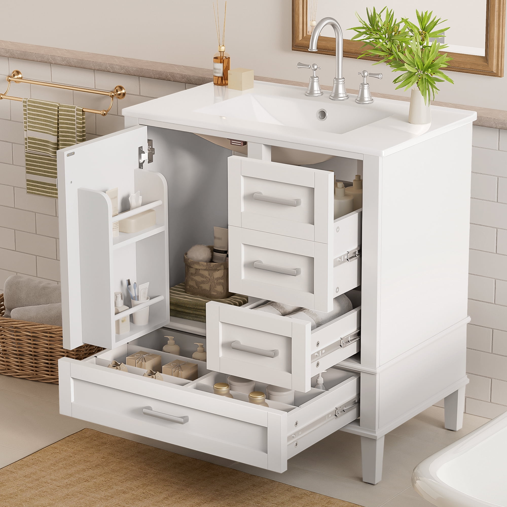 Euroco 30" Bathroom Vanity, Modern Bathroom Cabinet with Sink Combo Set, Bathroom Storage Cabinet with 1 Soft-Closing Door and 3 Soft-Closing Drawers, Solid Wood Frame (White)