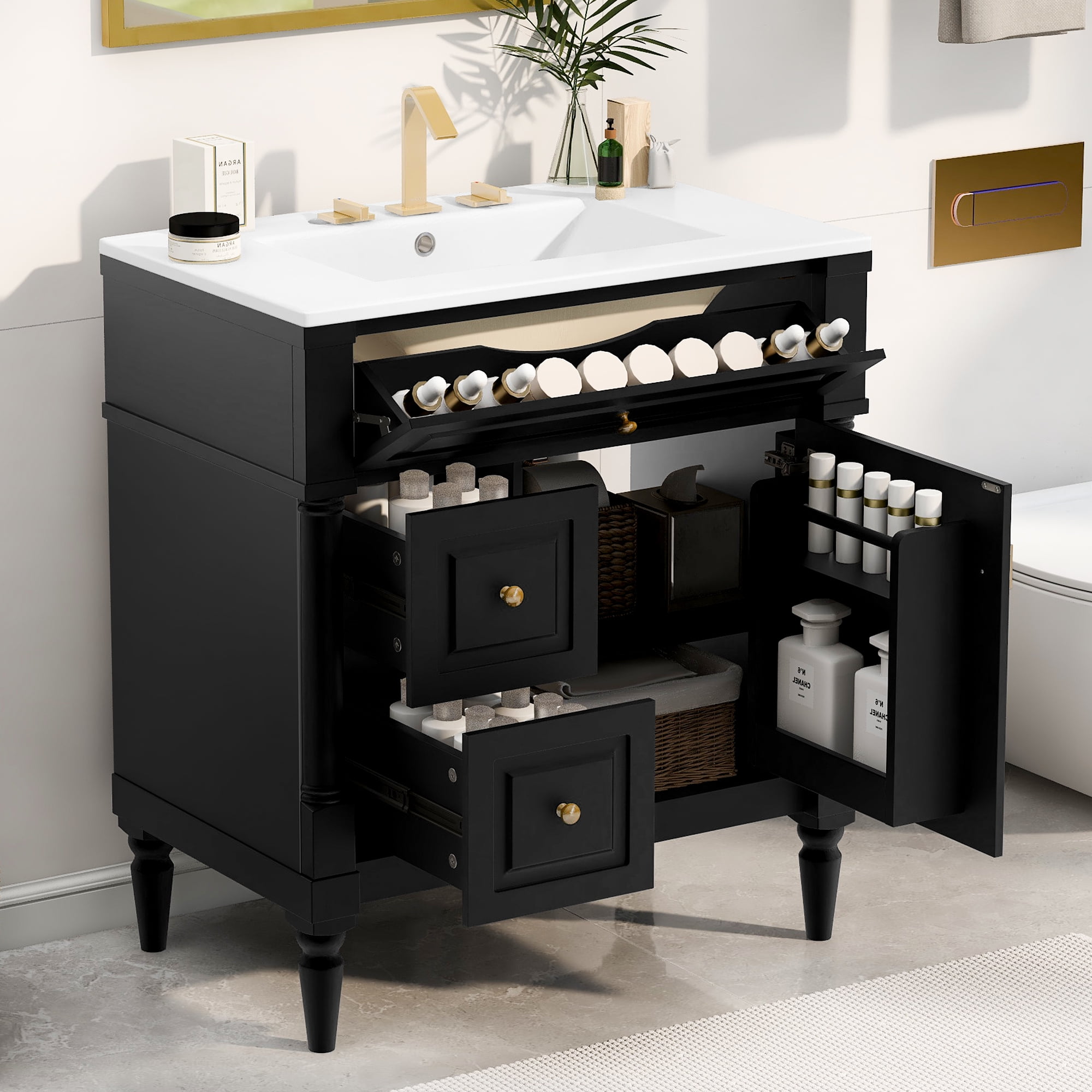 Euroco 30" Bathroom Vanity with Sink, Black Freestanding Bathroom Cabinet with Flip Drawer & Adjustable Shelf, Solid Rubberwood Frame, MDF Panels & Metal Handles