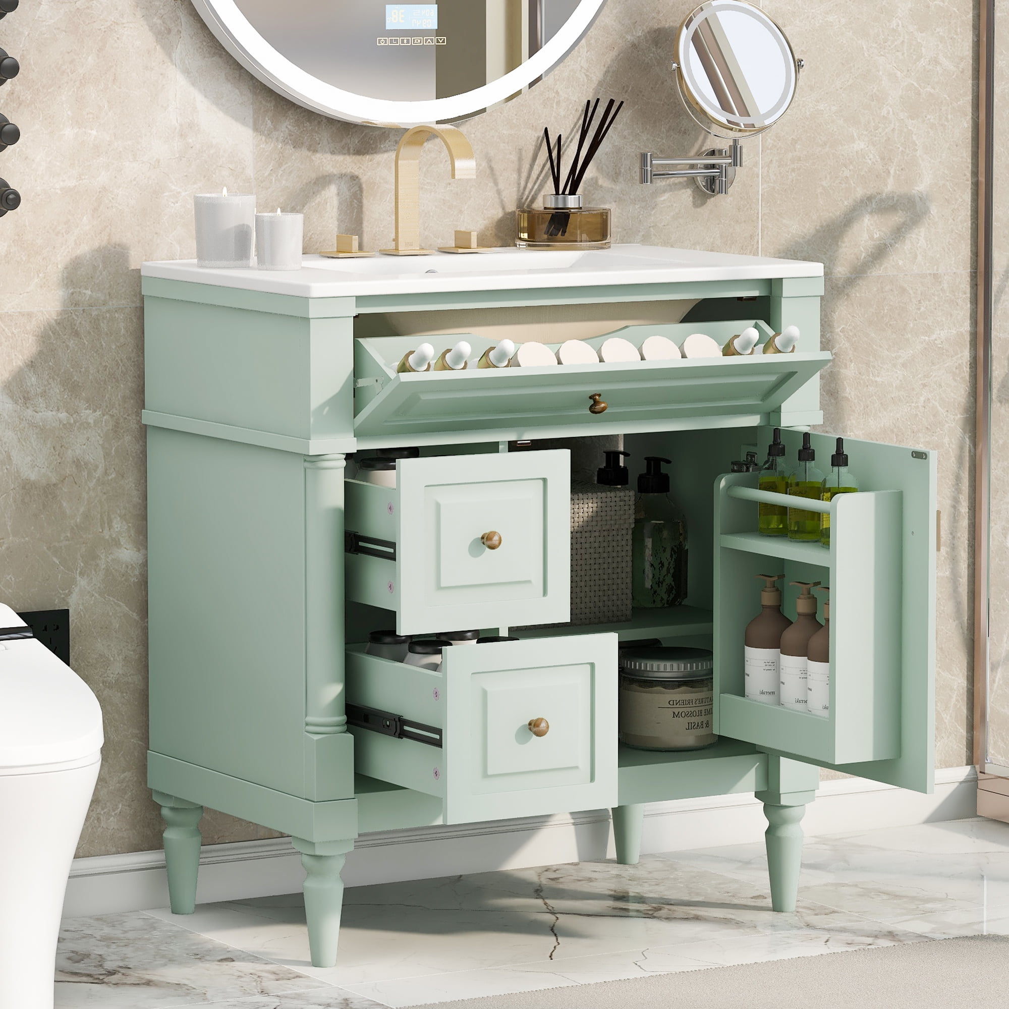 Euroco 30" Bathroom Vanity with Sink, Green Freestanding Bathroom Cabinet with Flip Drawer & Adjustable Shelf, Solid Rubberwood Frame, MDF Panels & Metal Handles