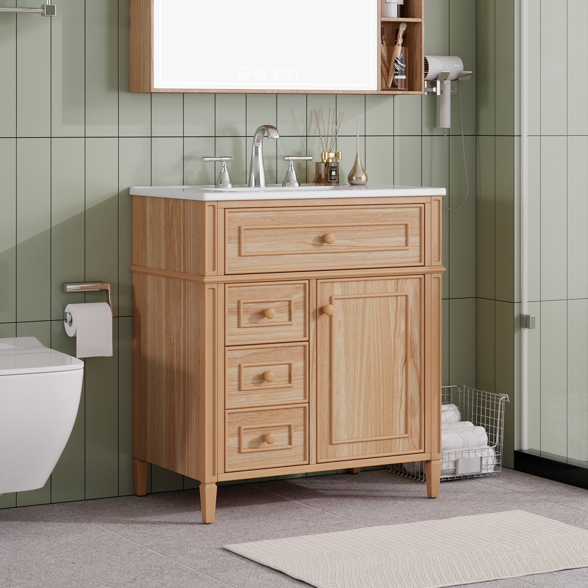 Euroco 30" Bathroom Vanity with Sink, Wood Vanity Cabinet with Flip-Out Drawer, 2 Soft-Close Drawers, 1 Soft-Close Door, Solid Wood & MDF, Elegant Wood Handles