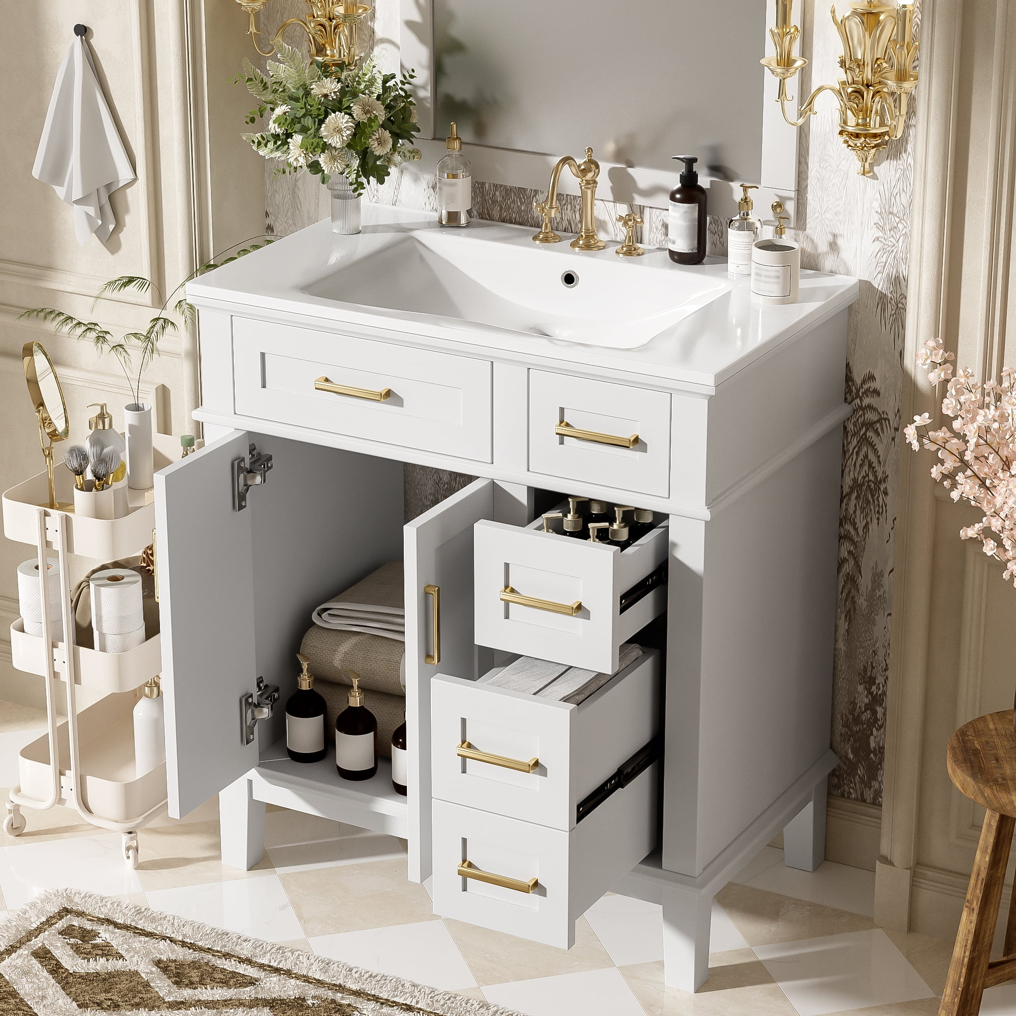 Euroco 30" Bathroom Vanity with Ceramic Sink, Deep & Standard Drawers, Stylish Bath Vanity for Small Bathrooms