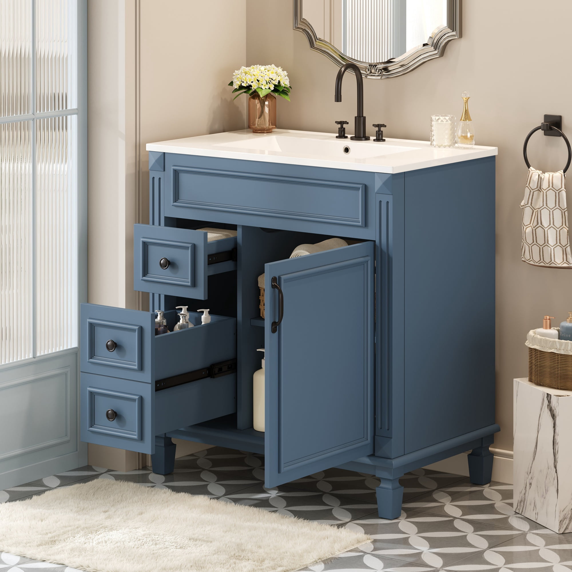 Euroco 30" Bathroom Vanity with Ceramic Sink, Small Bathroom Sink Cabinet, Modern Cabinet with 2 Drawers and Adjustable Shelf