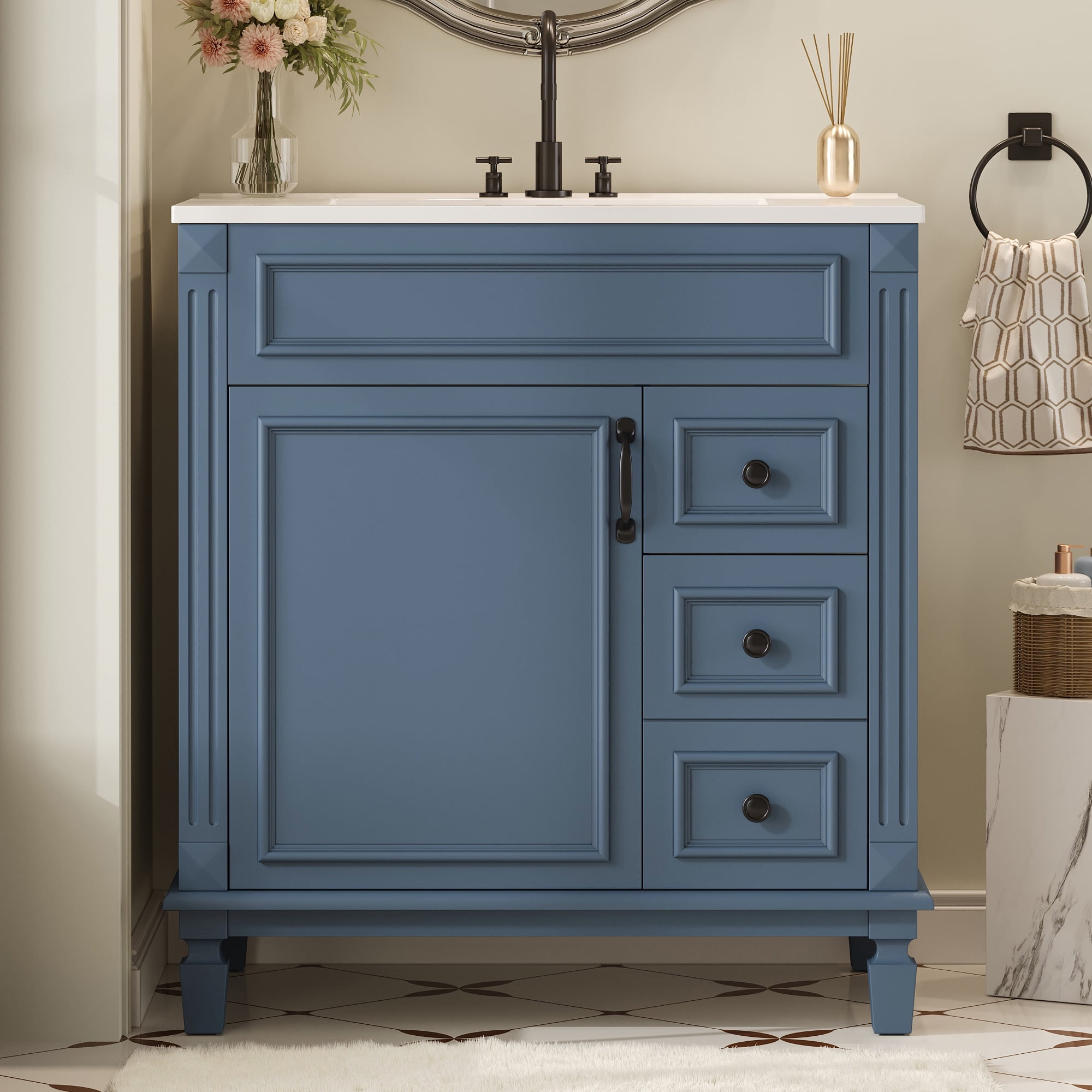 Euroco 30" Bathroom Vanity with Ceramic Sink, Small Bathroom Sink Cabinet, Modern Cabinet with 2 Drawers and Adjustable Shelf