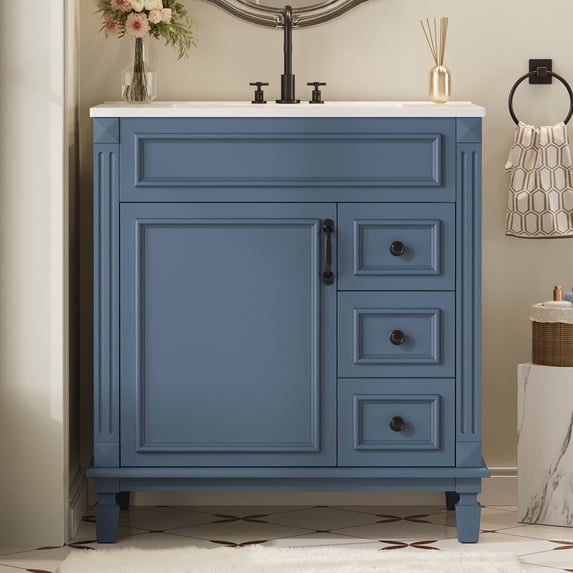 Euroco 30" Bathroom Vanity with Ceramic Sink, Small Bathroom Sink Cabinet, Modern Cabinet with 2 Drawers and Adjustable Shelf