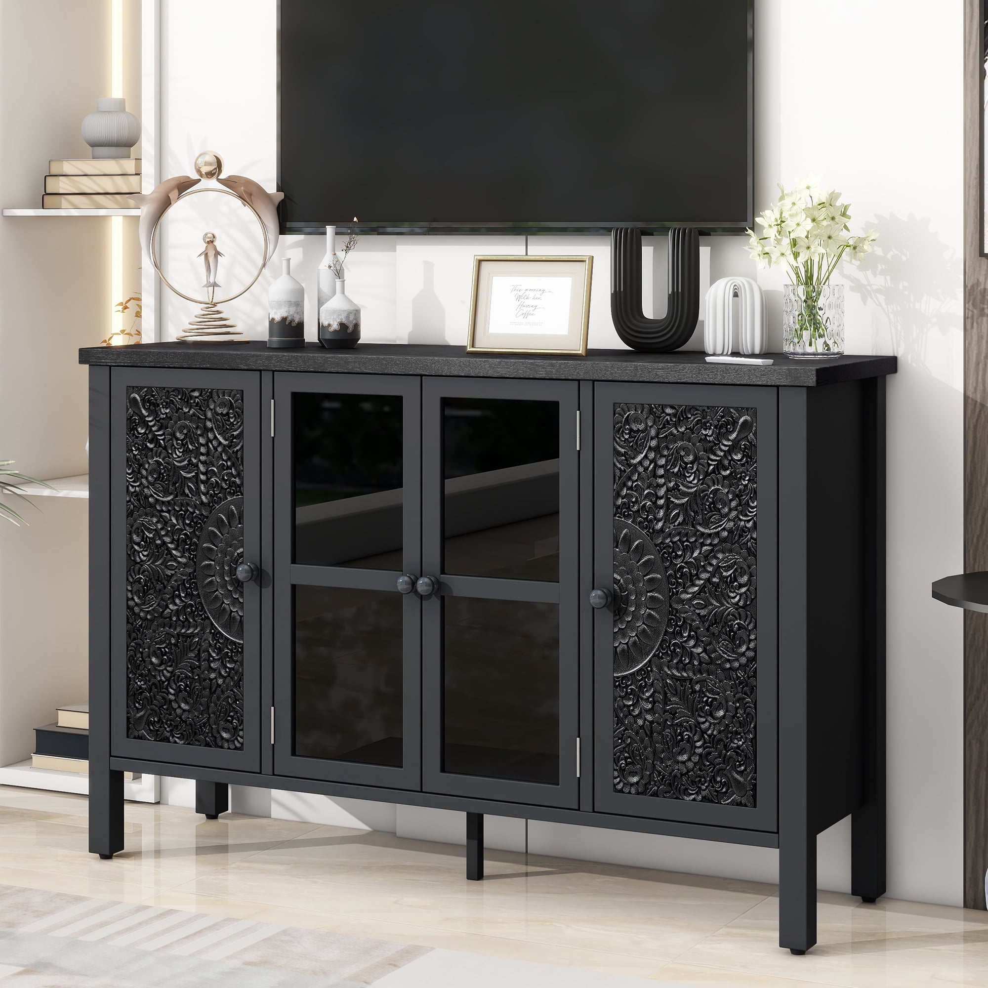 Euroco 47.2" American Retro-Style TV Stand – Media Console with Glass Door, Carved Cabinet Storage, Adjustable Shelves, Anti-Tip Device for TVs up to 43", Entertainment Center