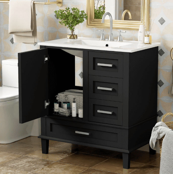 Euroco 30" Bathroom Vanity with Ceramic Sink, Soft-Close Doors & Drawers, Modern Design with Ample Storage